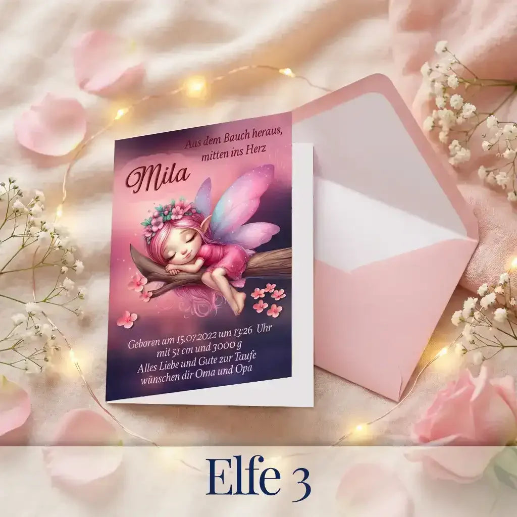 Märchenhafte personalisierte Taufkarte für Mädchen mit schlafender Elfe in Rosa auf einem Ast, zarte Blüten und Feenflügel, Name Mila und Geburtsdaten individuell, liebevolles Geschenk von Oma und Opa zur Taufe