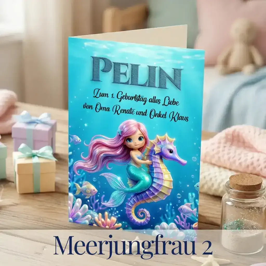 Personalisierte Geburtstagskarte für Mädchen mit kleiner Meerjungfrau auf einem Seepferdchen, Unterwasserwelt in Türkis und Rosa, Name Pelin und Widmung individuell, liebevolles Geschenk zum 1. Geburtstag von Familie