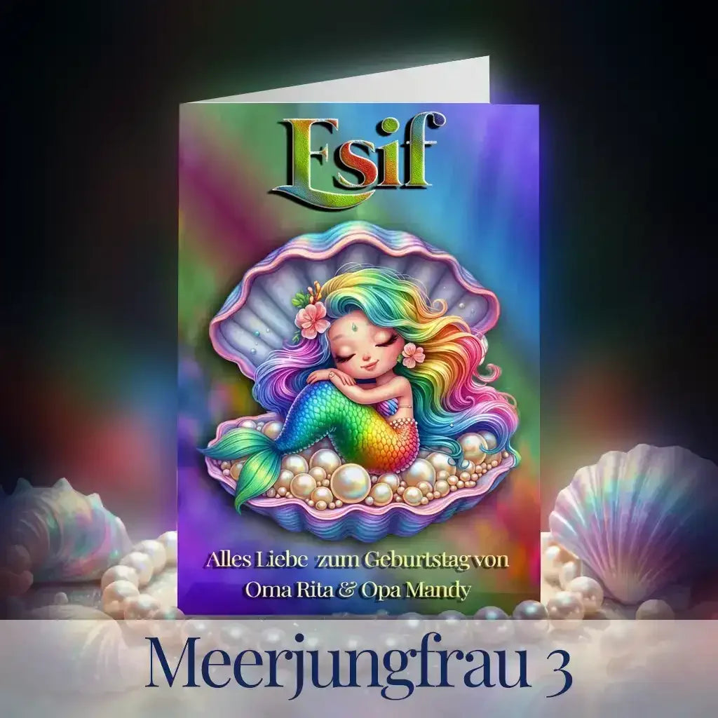 Personalisierte Geburtstagskarte für Mädchen mit bunter Baby-Meerjungfrau in einer Perlenmuschel, Regenbogenfarben und glänzende Perlen, Name Esif und Widmung individuell, zauberhaftes Geschenk von Großeltern zum Geburtstag