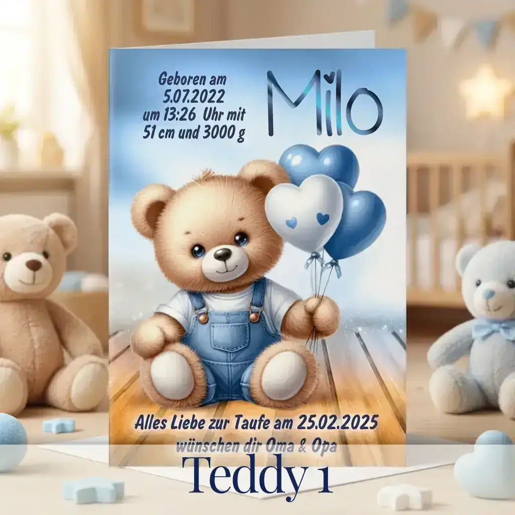 Personalisierte Taufkarte für Jungen mit süßem Teddy in blauer Latzhose und Herzballons, Name Milo und Geburtsdaten individuell, liebevolles Geschenk von Oma und Opa zur Taufe