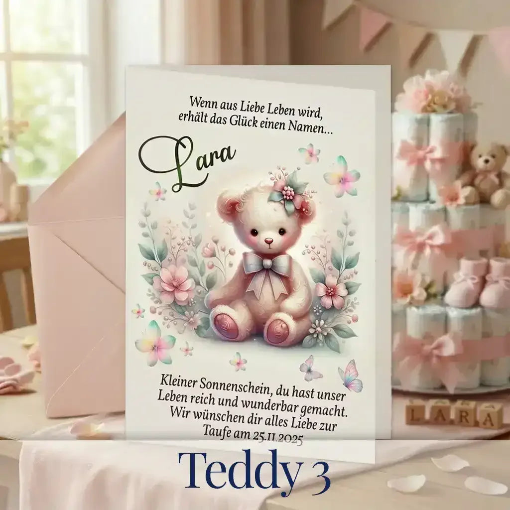 Personalisierte Taufkarte für Mädchen mit süßem Teddybär in Rosa zwischen Blüten und Schmetterlingen, Name Lara und Text individuell, liebevolles Geschenk zur Taufe oder Geburt
