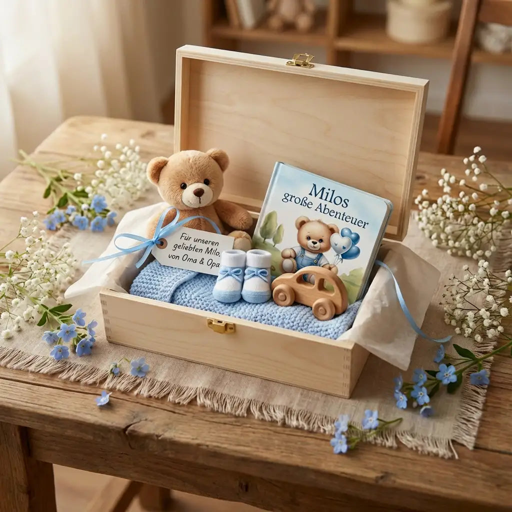 Vorschaubild einer geöffneten Holzbox mit einem Kinderbuch, Spielzeugauto, Teddybär und einer Glückwunschkarte