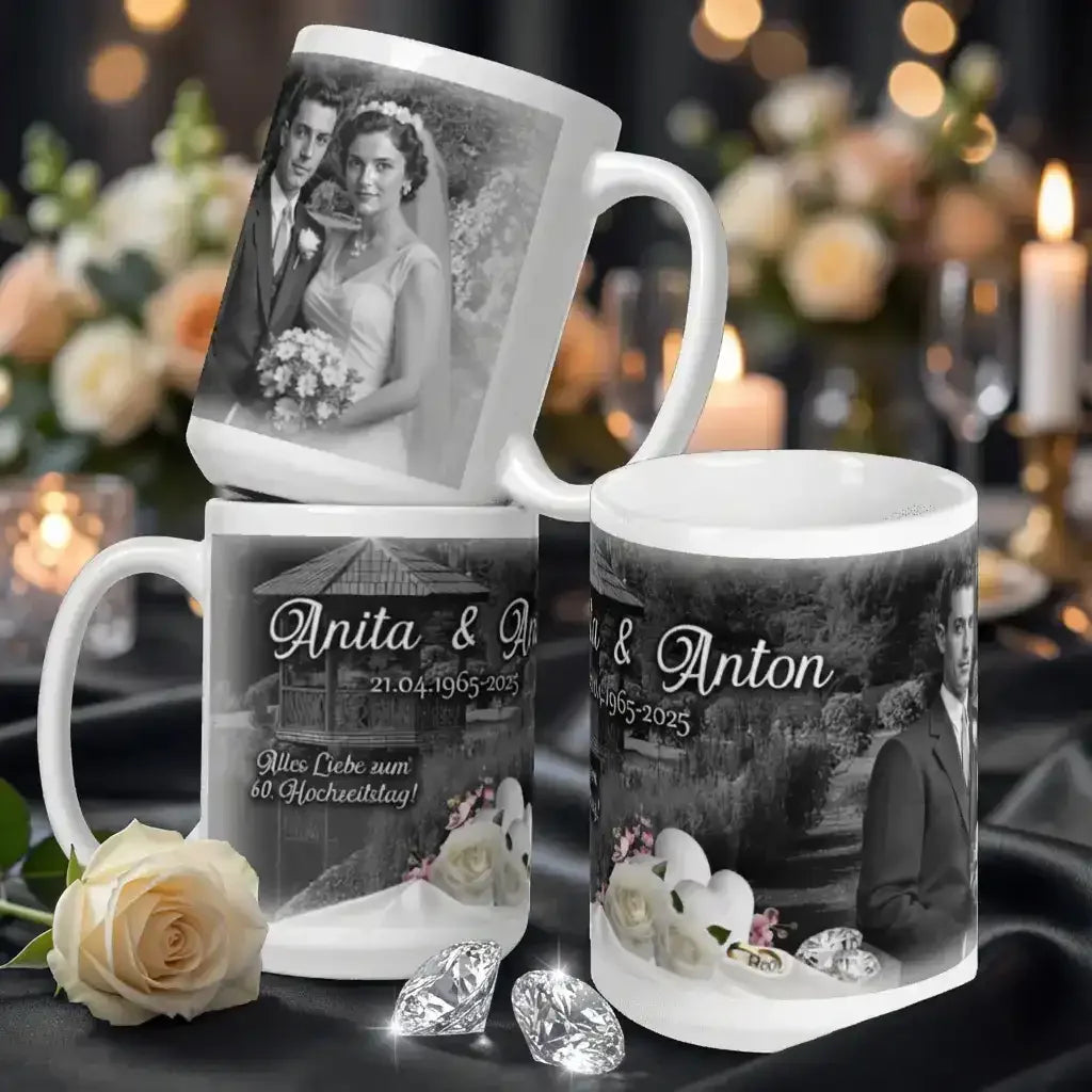 Geschenk zum Hochzeitstag - Personalisierte Tassen mit Fotodrucken für das Ehejubiläum von Anita & Anton.