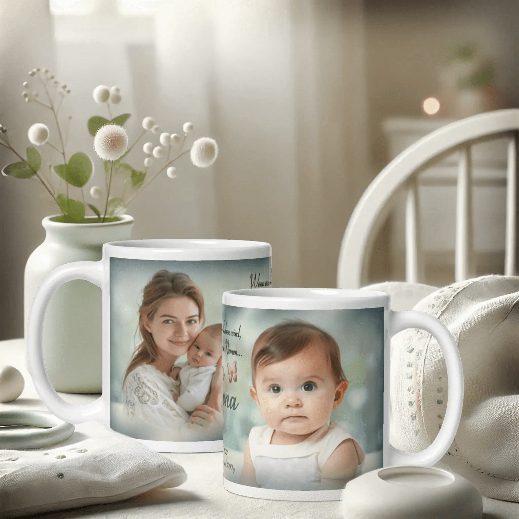 Zwei personalisierte Tassen mit Babyfoto und Mutter im gemütlichen, hellen Raum auf Tisch
