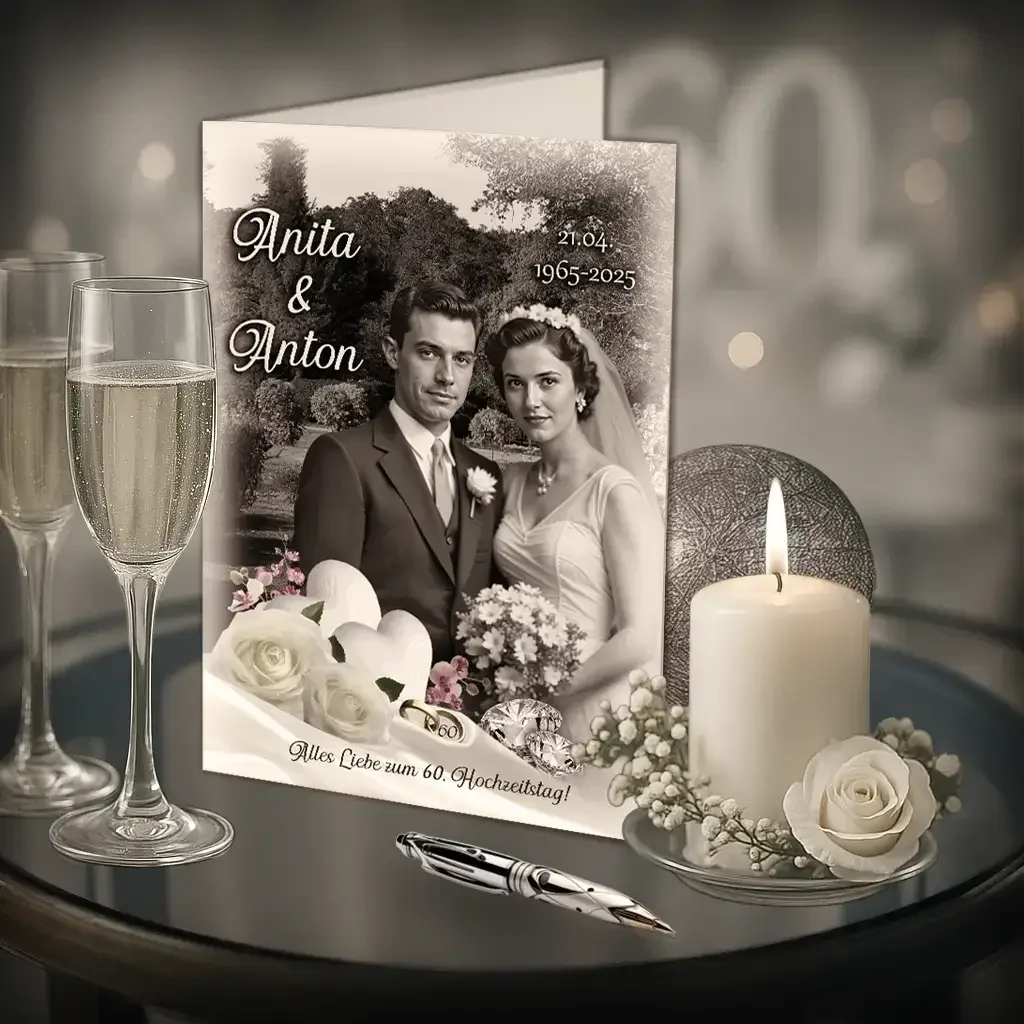 Diamanthochzeit Karte mit Brautpaar-Foto, Datum, Sektgläser, Kerze und weißen Rosen, 60. Hochzeitstag