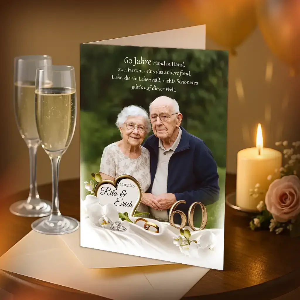 Diamanthochzeit Karte mit älterem Paar, 60 Jahre, Sektgläser, Kerze und Blumen