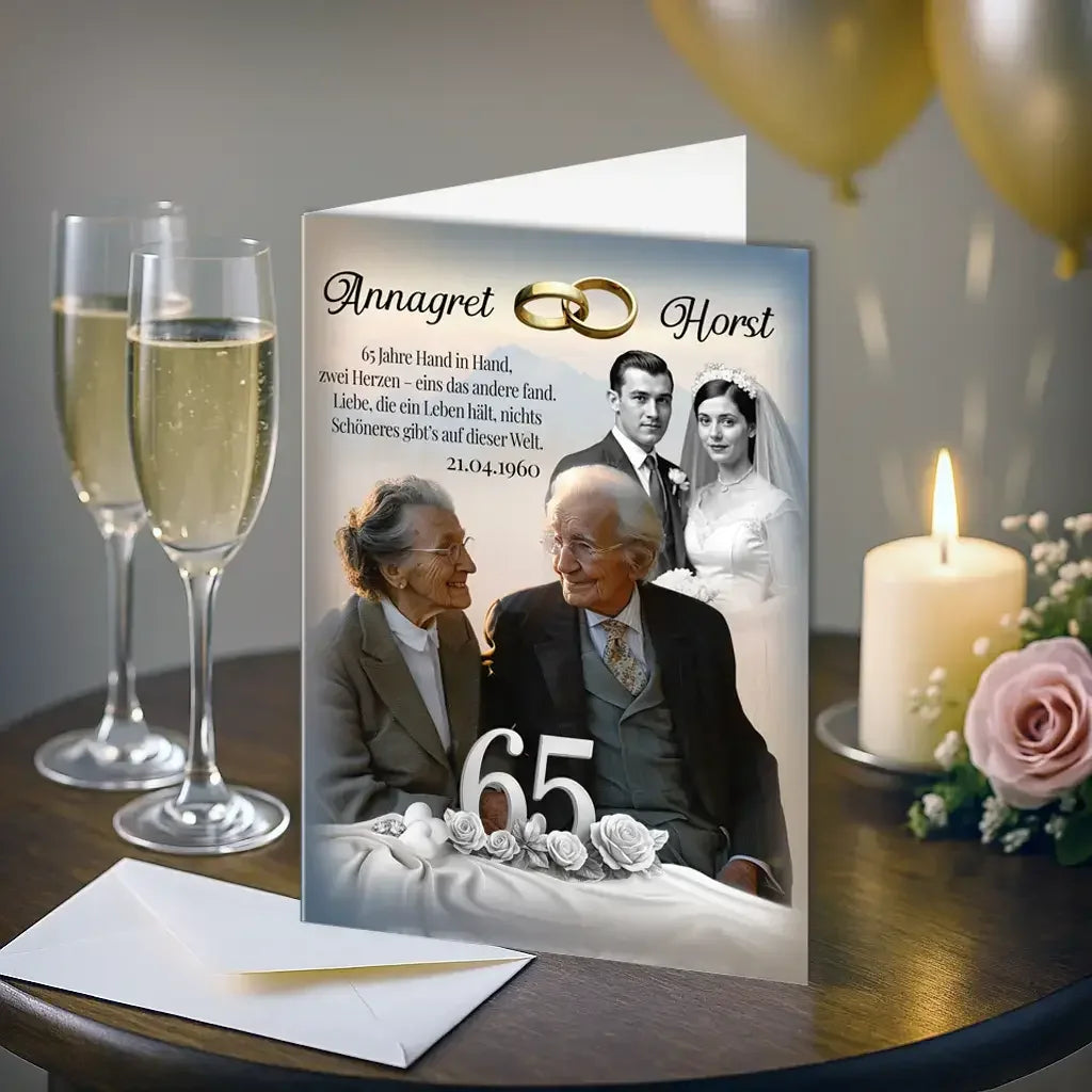 Eiserne Hochzeit Karte mit älterem Paar, 65 Jahre, goldene Ringe, Hochzeitsporträt, Kerze, Sektgläser