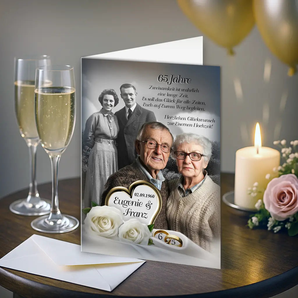 Karte zur Eisernen Hochzeit mit Portraitfoto des Paares