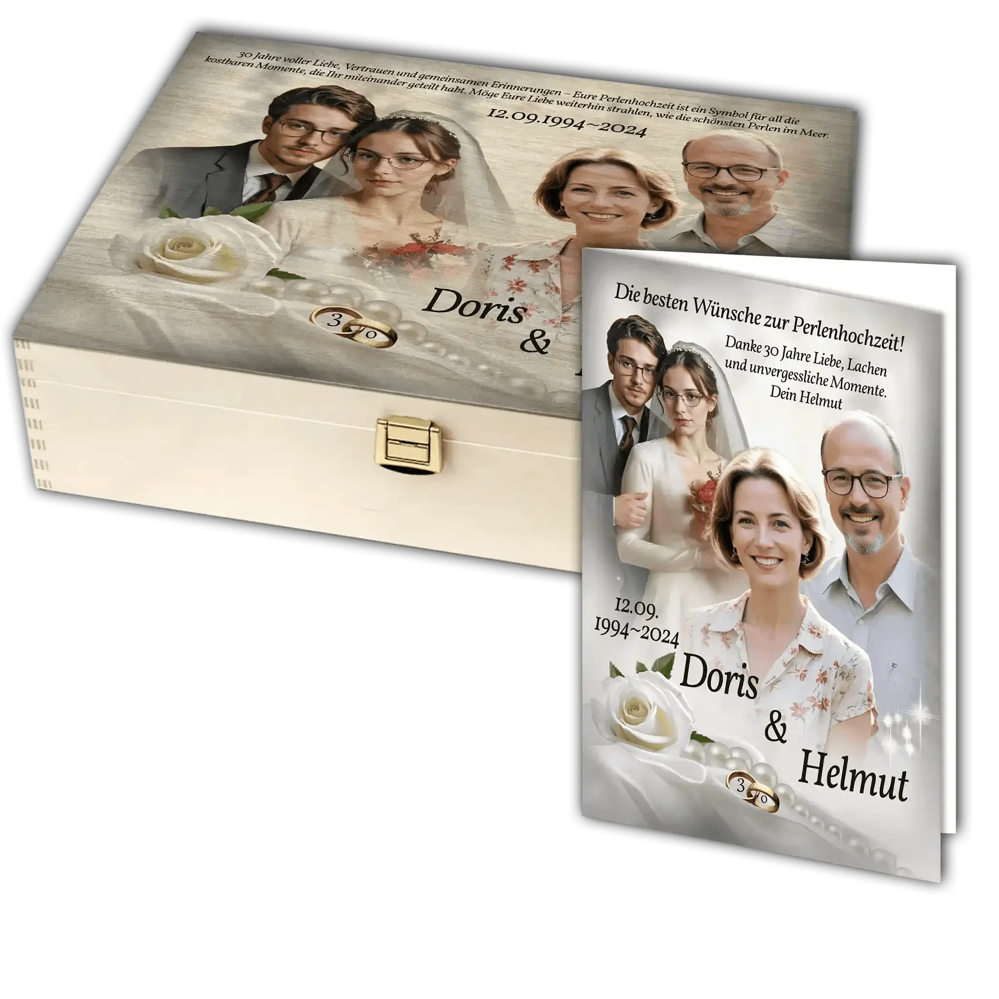 Personalisierte Holzbox und Karte zur Perlenhochzeit mit Fotos von Paar, Perlen und weißen Rosen