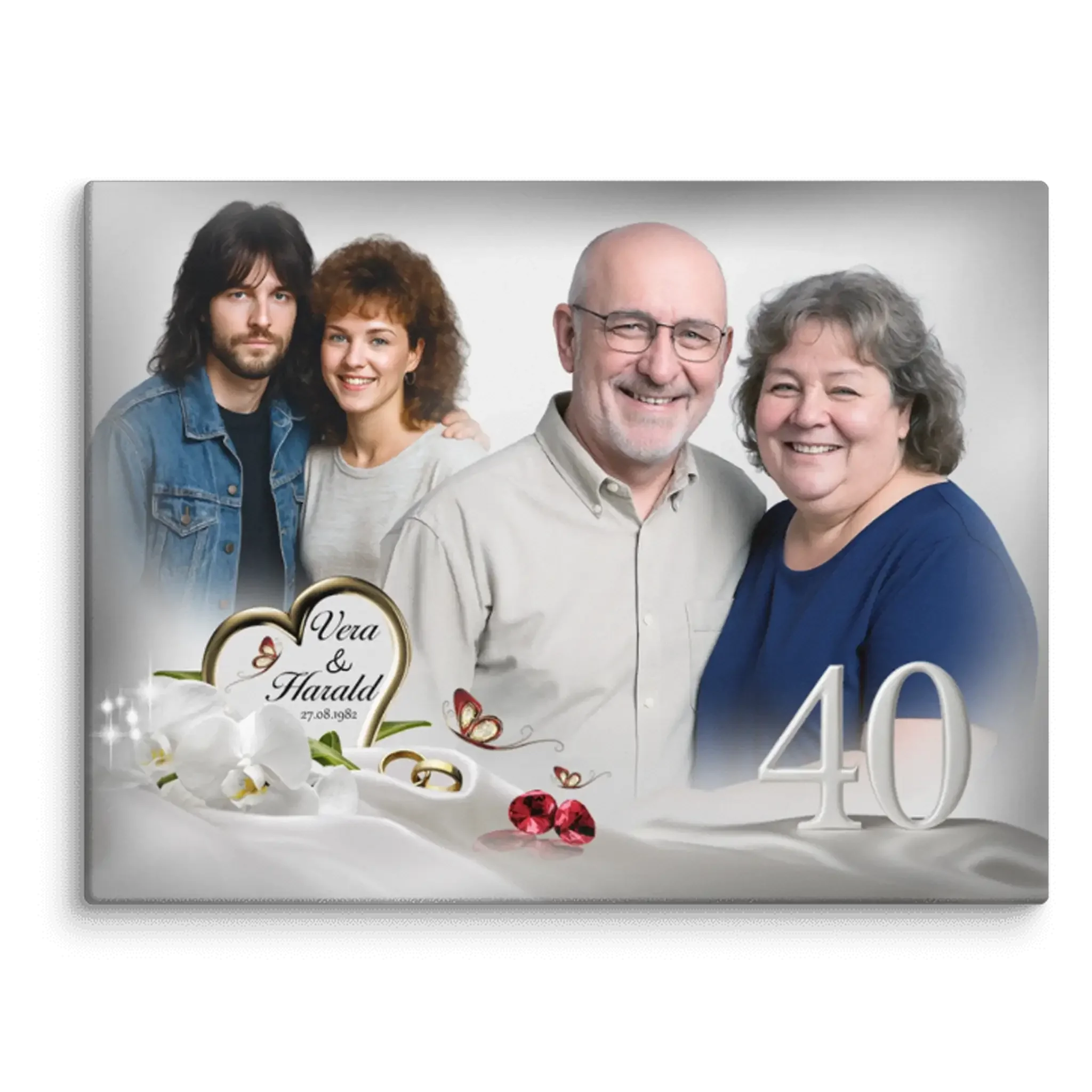 Personalisierte Leinwand zur 40. Hochzeitstag, vier Menschen, Namen, Ringe und Orchideen