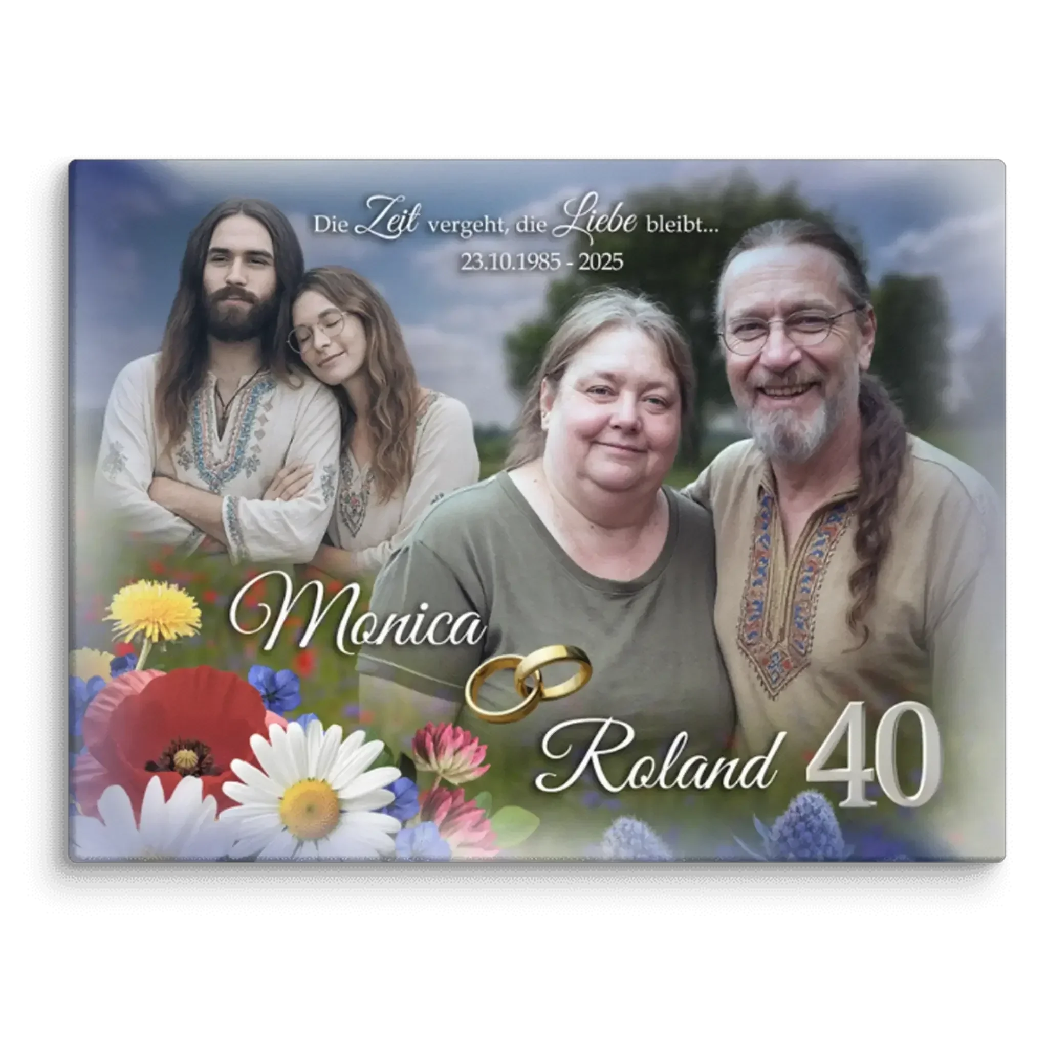 Personalisierte Leinwand zum 40. Hochzeitstag mit Paar, Blumen, Goldringen und Datum.