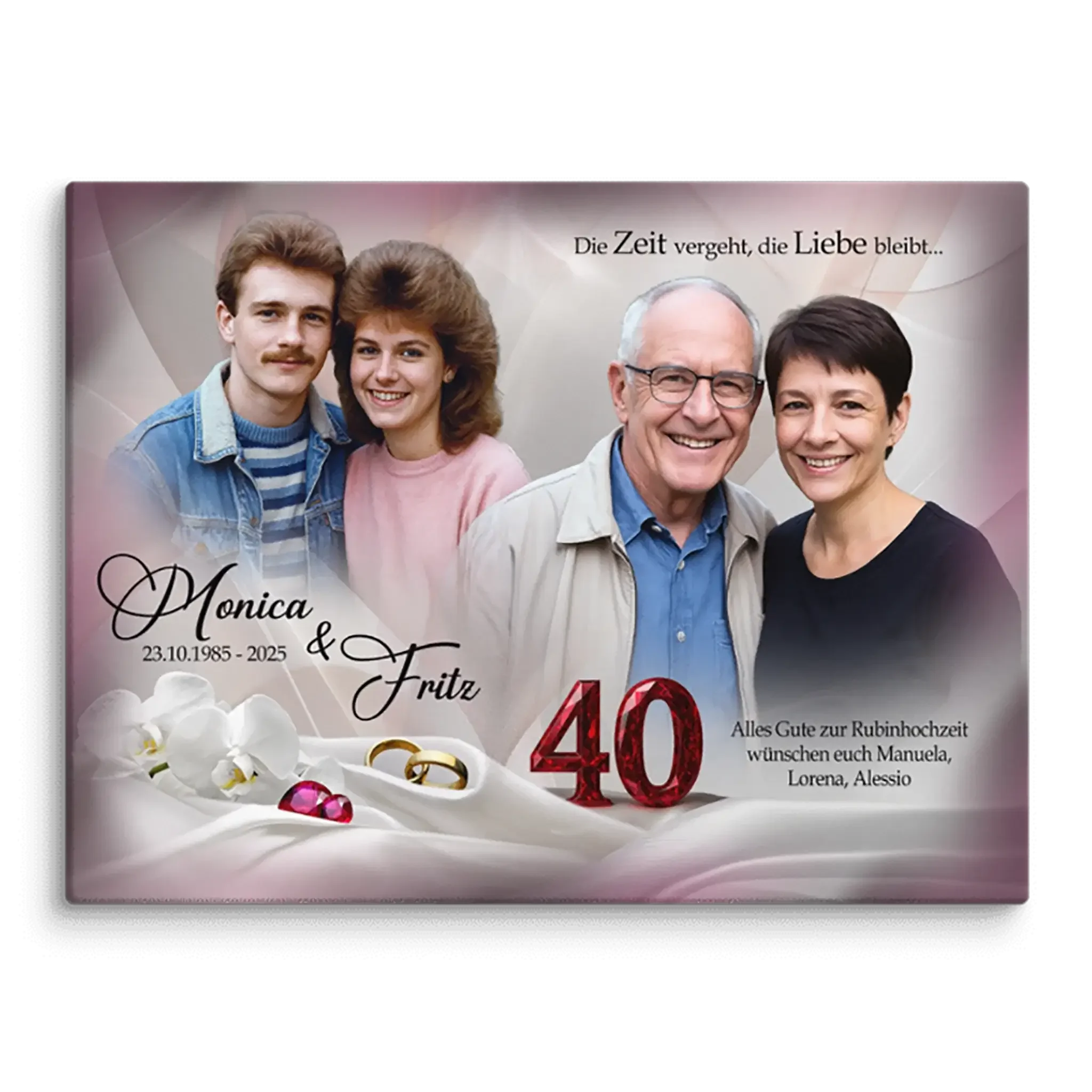 Personalisierte Leinwand Rubin Hochzeit mit jungem und älterem Paar, 40 Jahre, Ringe, Orchideen