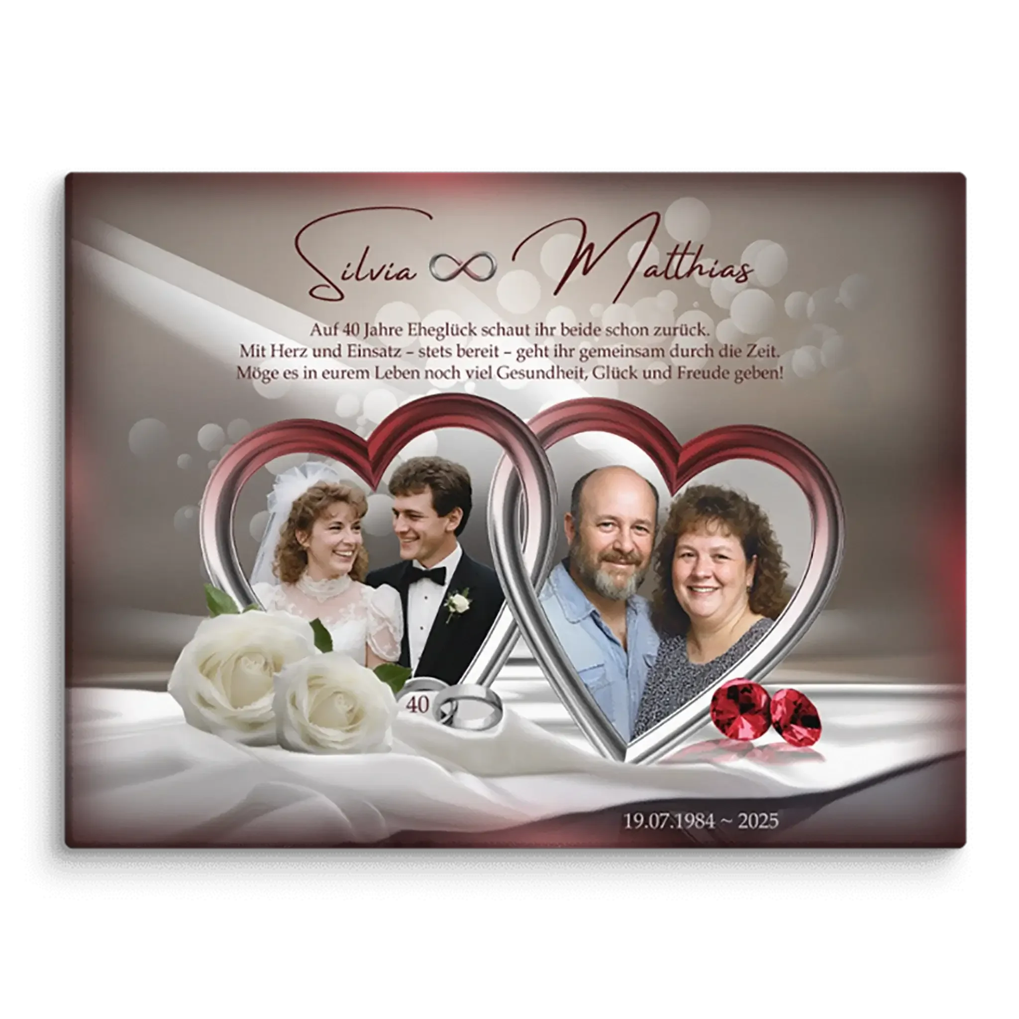 Personalisierte Leinwand zur Rubinhochzeit mit Hochzeits- und aktuellem Paarfoto, Herzen, Rosen, Ringen, Gravur 40 Jahre Ehe, Namen Silvia und Matthias, Jubiläum 1984-2025.