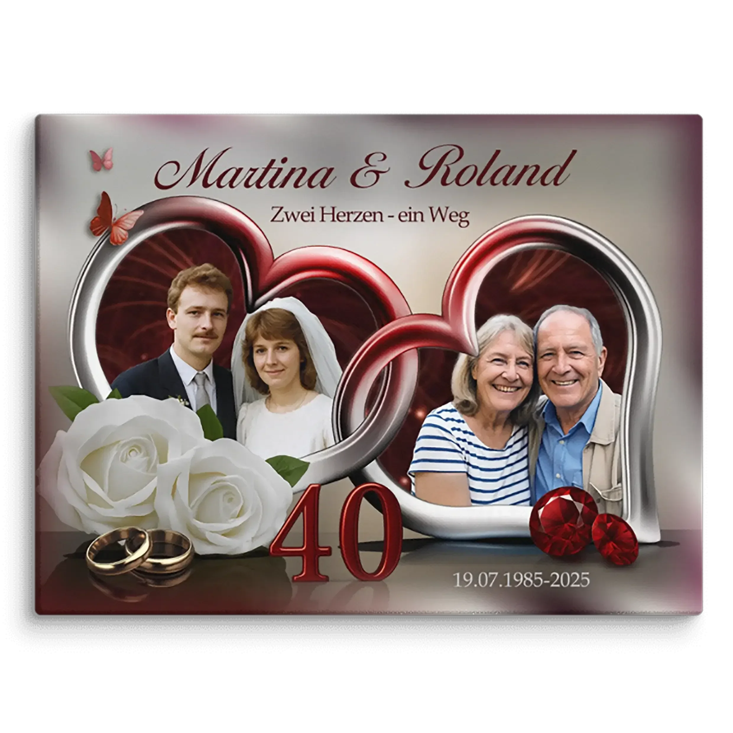 Personalisiertes Leinwandbild zur 40. Hochzeitstag, zwei Paarfotos, weiße Rosen, Eheringe