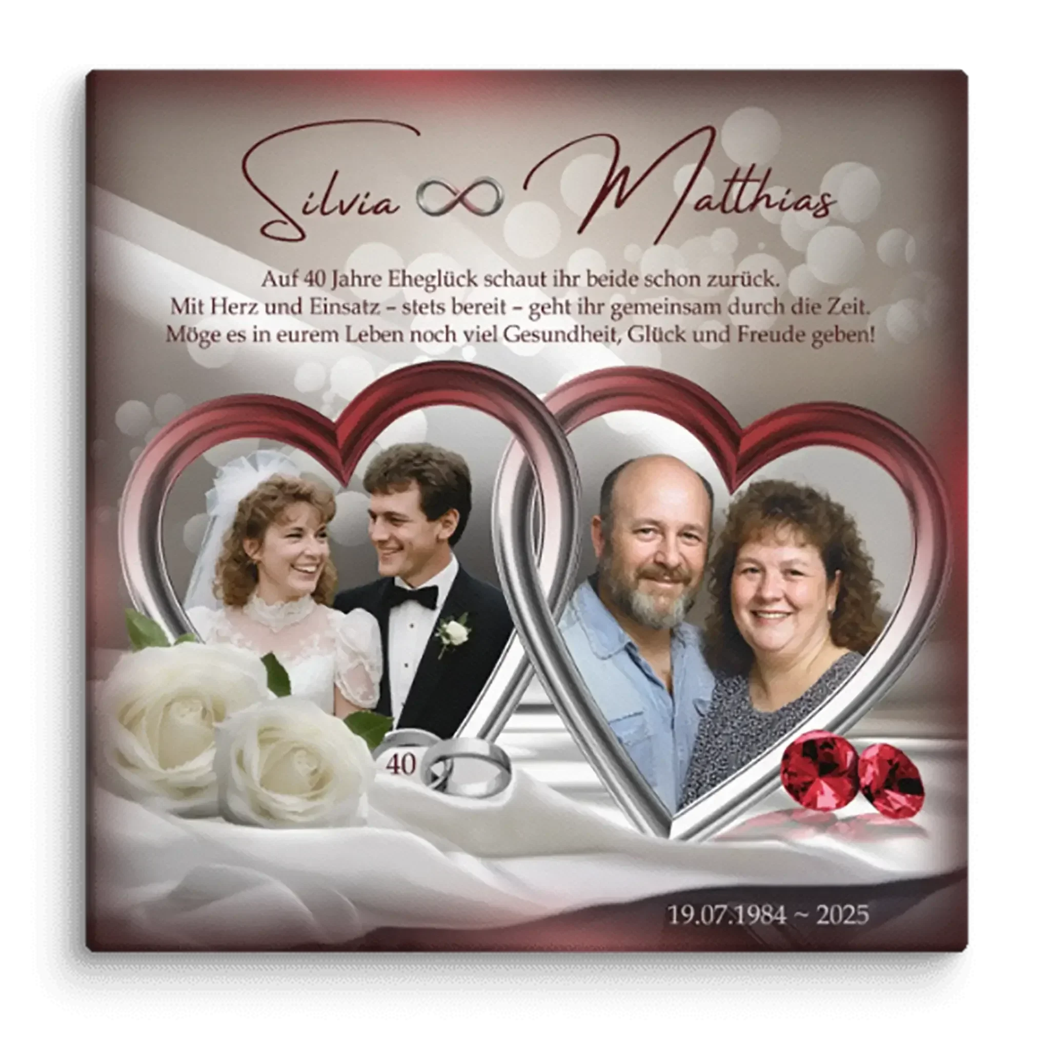 Personalisierte Leinwand zur Rubinhochzeit mit Herzen, Porträtfotos, weißen Rosen und Ringen