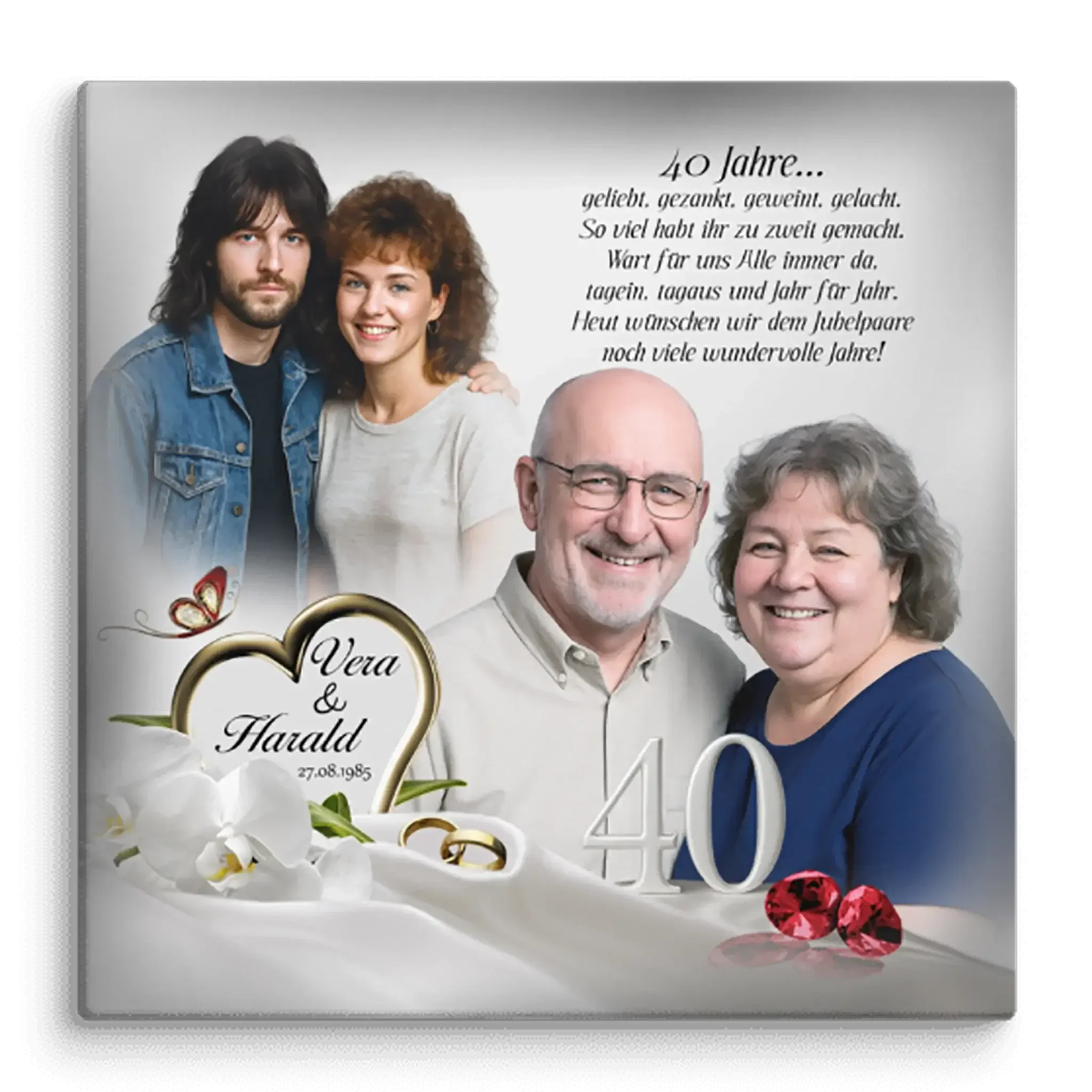 Leinwand 40-jähriges Ehejubiläum, Paar im jungen und älteren Alter, Orchideen, Goldringe, Herz, Rubine, „Vera & Harald“ und Zahl 40.