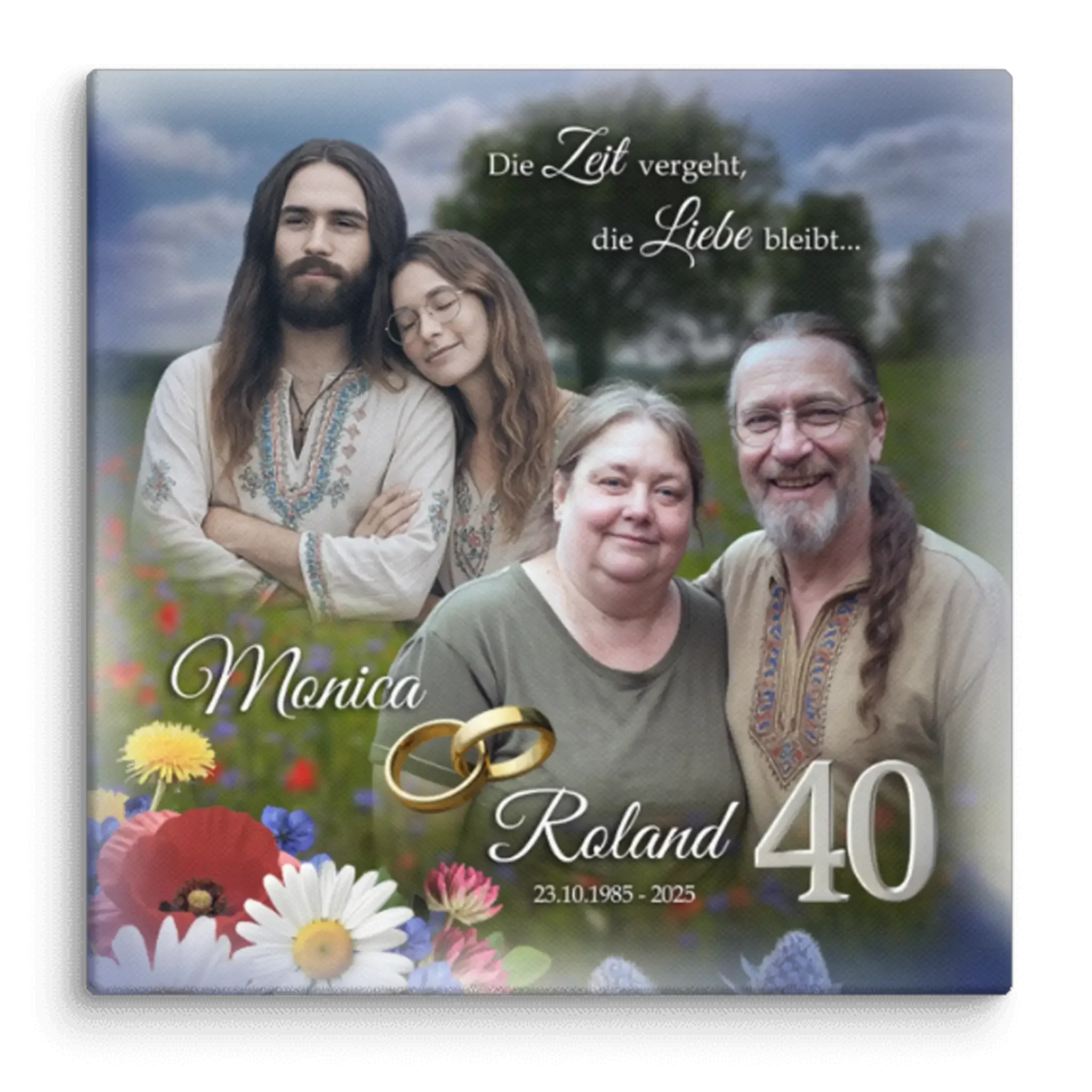 Familienfoto Jubiläum Leinwand, vier Erwachsene auf Blumenwiese, goldene Ringe, 40 Jahre, personalisiert
