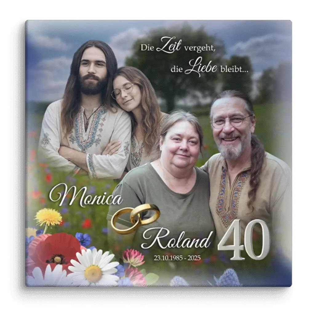 Familienfoto Jubiläum Leinwand, vier Erwachsene auf Blumenwiese, goldene Ringe, 40 Jahre, personalisiert