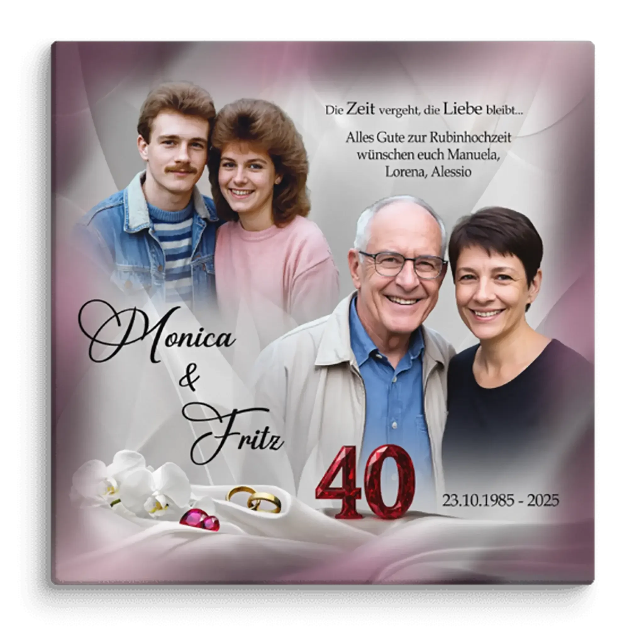 Rubinhochzeit Leinwand mit Paarfotos, Schriftzug Monica & Fritz, 40 Jahre Jubiläum, Eheringe, Orchideen, Datum 23.10.1985-2025