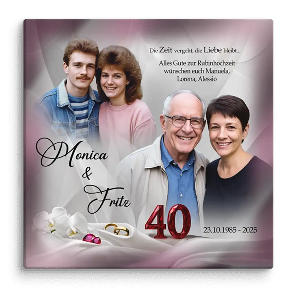 Rubinhochzeit Leinwand mit Paarfotos, Schriftzug Monica & Fritz, 40 Jahre Jubiläum, Eheringe, Orchideen, Datum 23.10.1985-2025