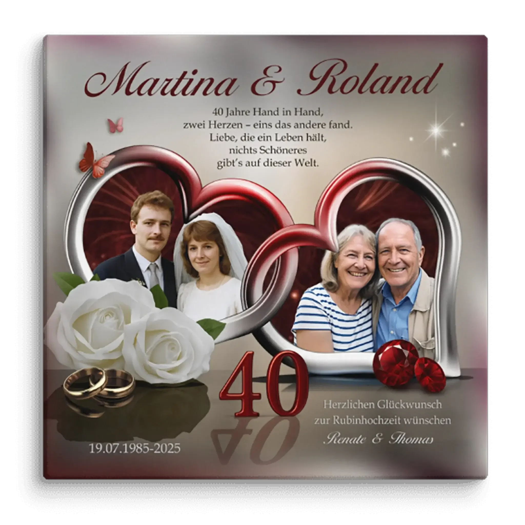 Leinwand zur Rubinhochzeit mit Paarfotos, weißen Rosen, Ringen und Rubinen, Jubiläum 40 Jahre