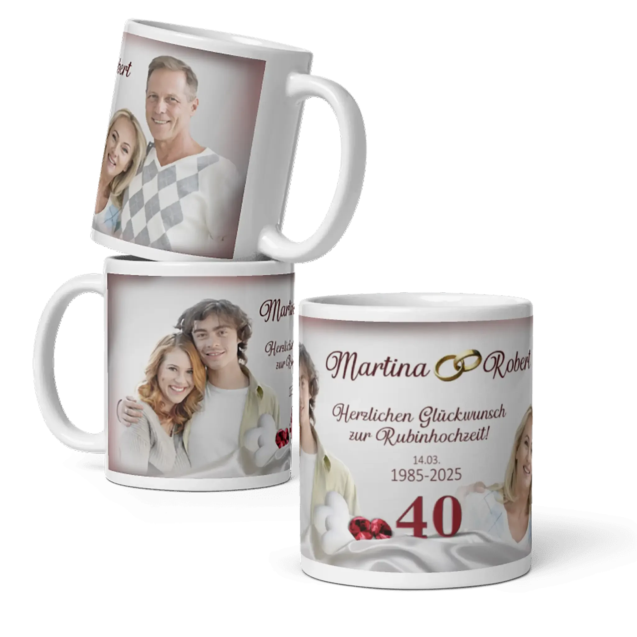 Personalisierte Fototassen zum 40. Hochzeitstag, Rubin Hochzeit, mit Ehepaar-Bildern und Datum