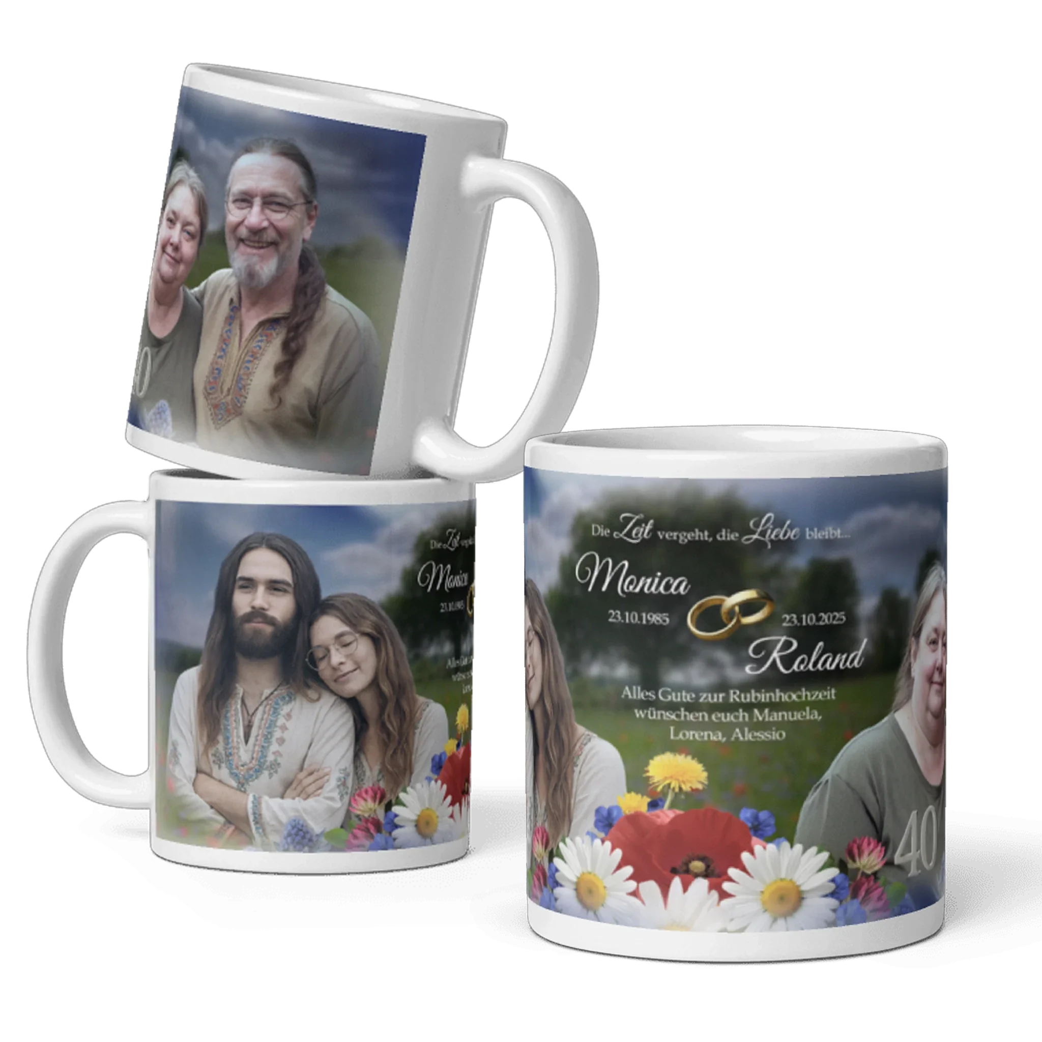Personalisierte Fototassen zur Rubinhochzeit mit Blumen, Porträts und Jubiläumsdatum