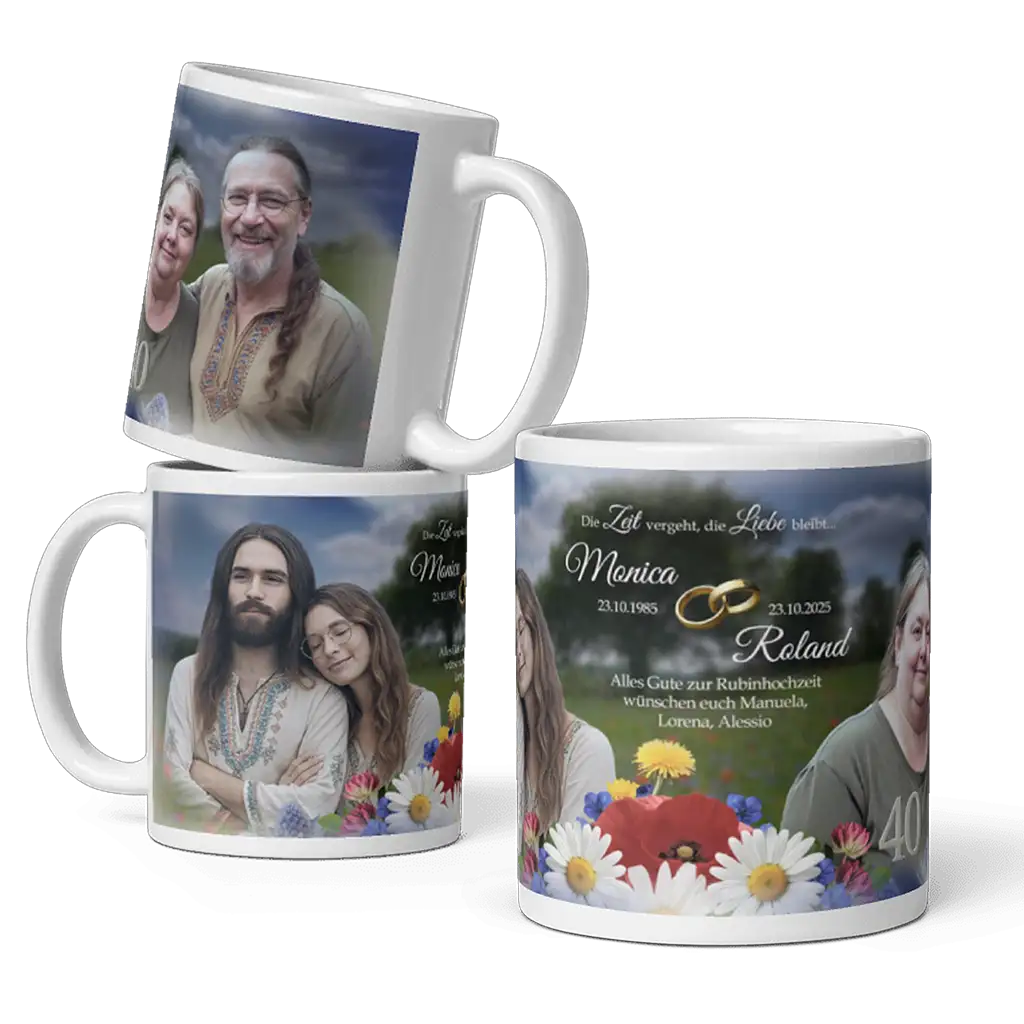 Personalisierte Fototassen zur Rubinhochzeit mit Blumen, Porträts und Jubiläumsdatum