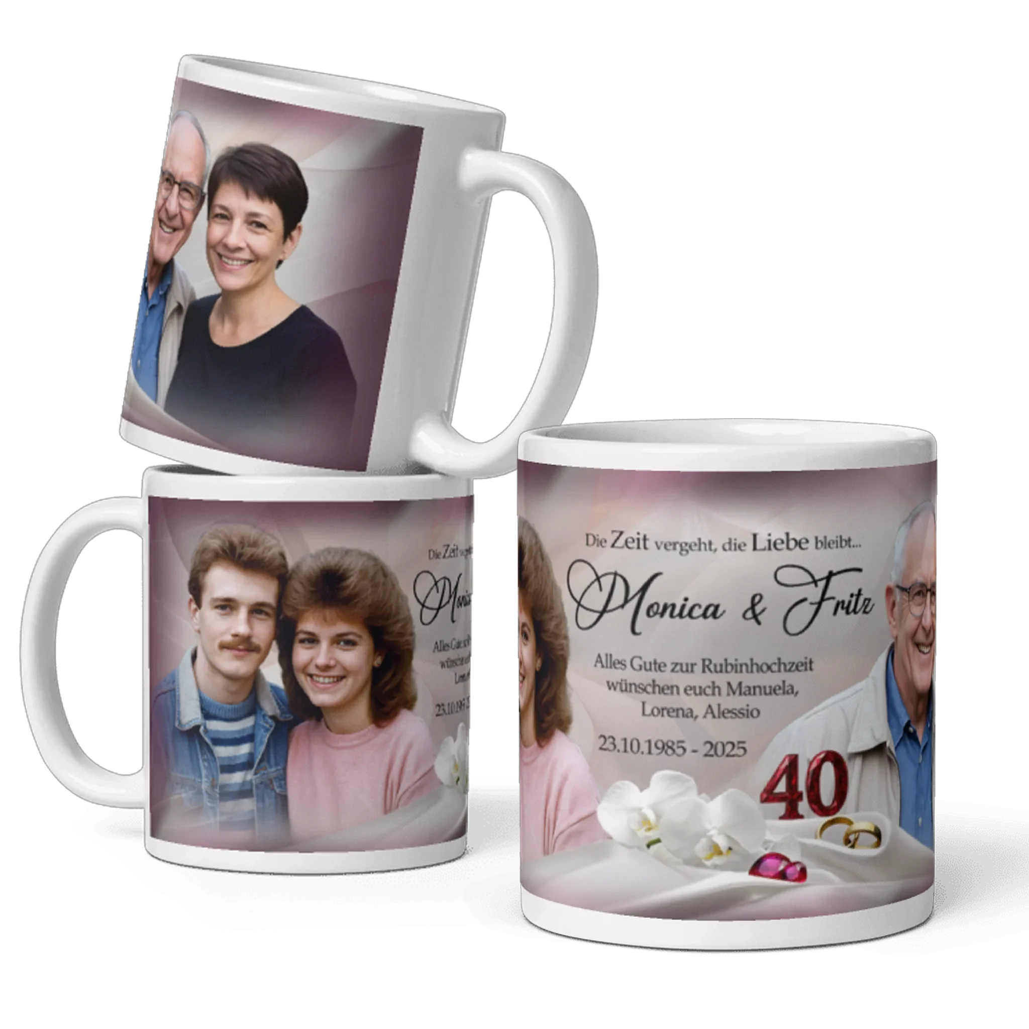 Personalisierte Fototasse zur Rubin Hochzeit mit Paarfotos, Namen, Datum und Jubiläumsdesign.