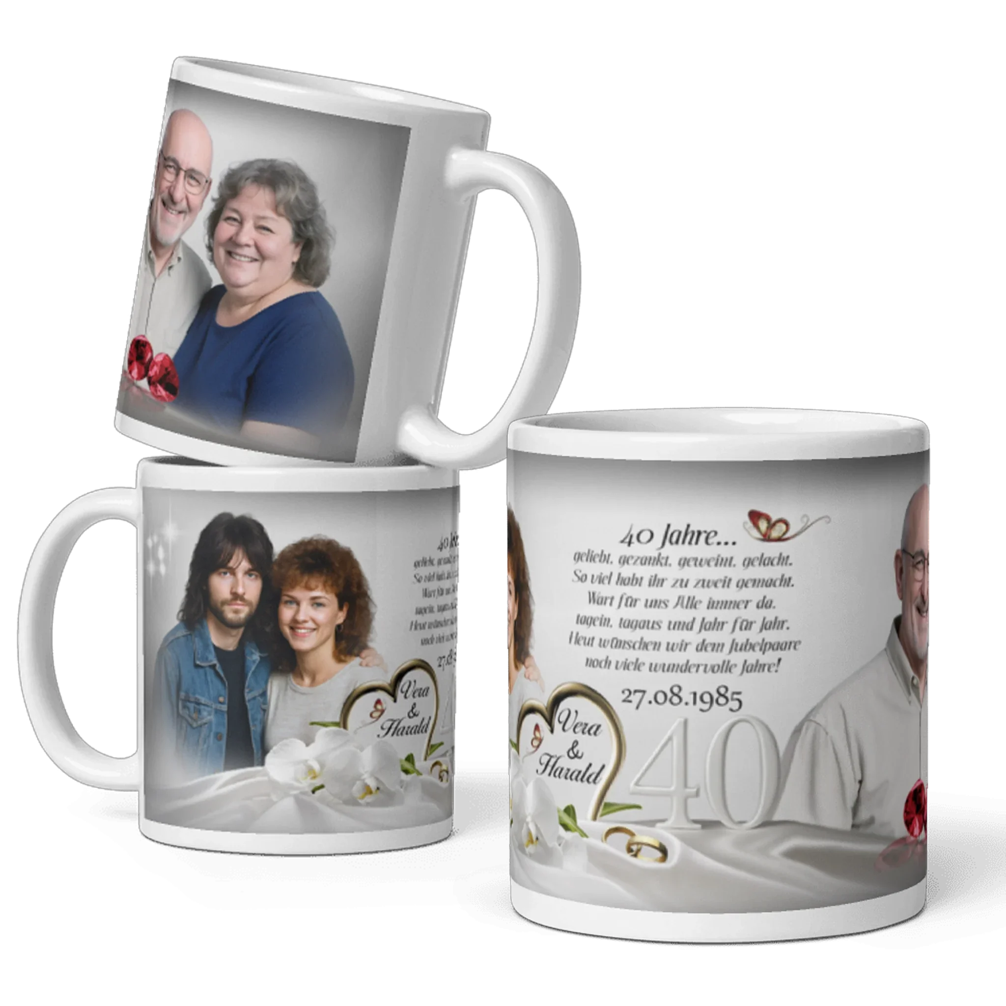 Personalisierte Fototasse zur Rubinhochzeit mit Paarfotos, Blumen, Herzen und Jubiläumsdatum