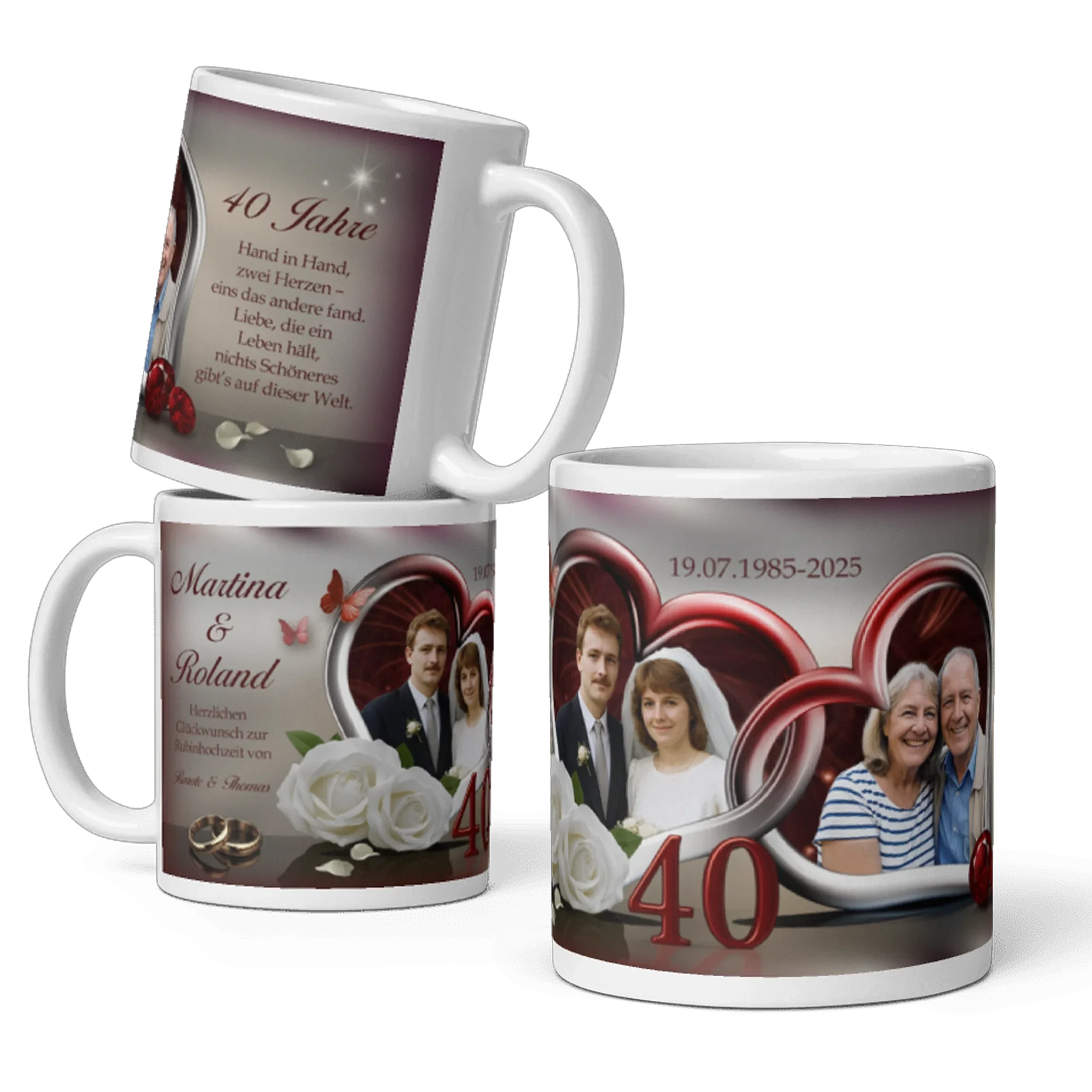 Tasse zur Rubinhochzeit mit Fotos des Paares, roten Herzen, weißen Rosen und Jubiläumsdatum