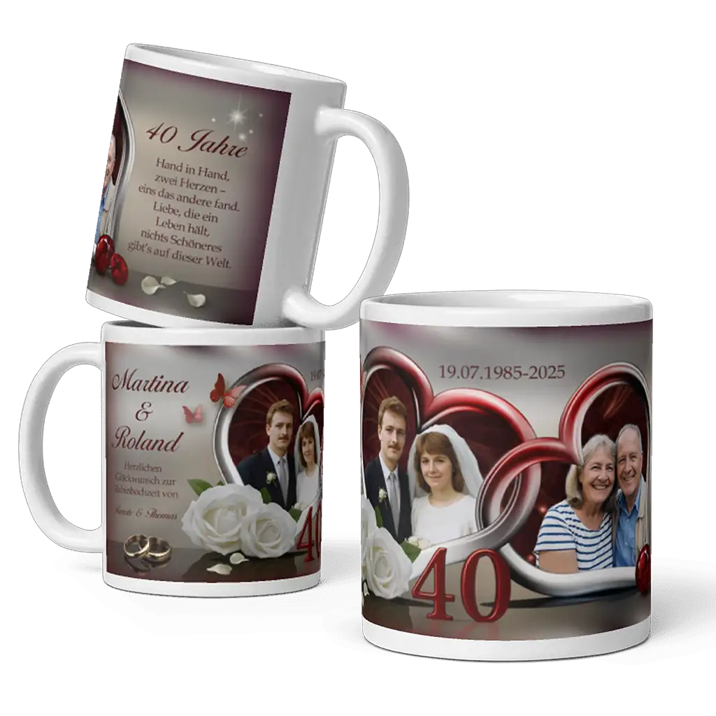 Tasse zur Rubinhochzeit mit Fotos des Paares, roten Herzen, weißen Rosen und Jubiläumsdatum