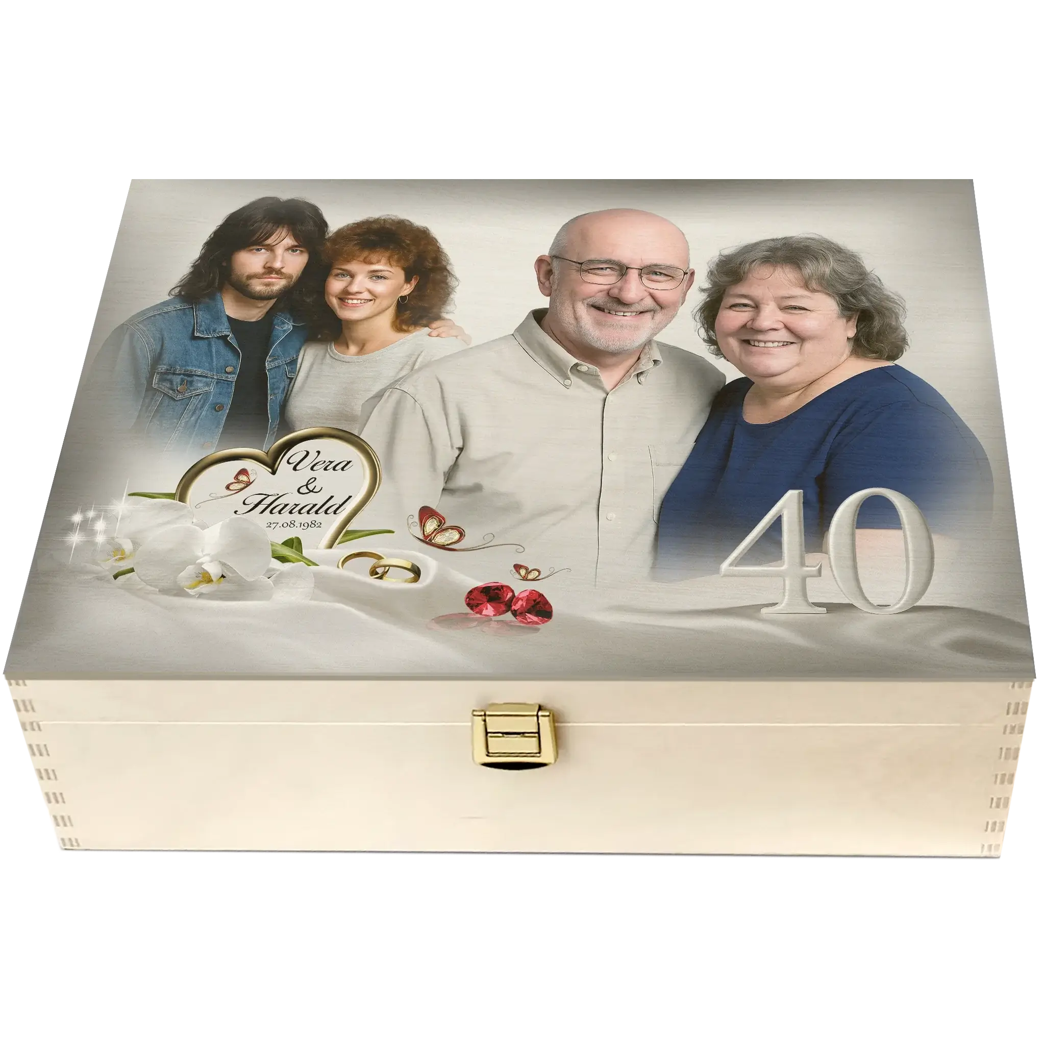 Rubinhochzeits-Holzbox mit stilvoller Gestaltung, weißen Orchideen und elegantem Jubiläumsschriftzug