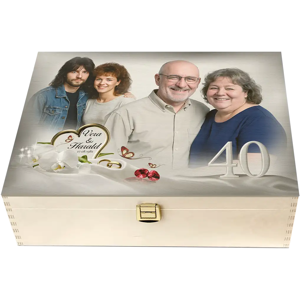Personalisierte Holzbox mit Foto von Paar, Jubiläumsmotiv, Herz, Name, 40 Jahre, Geschenk