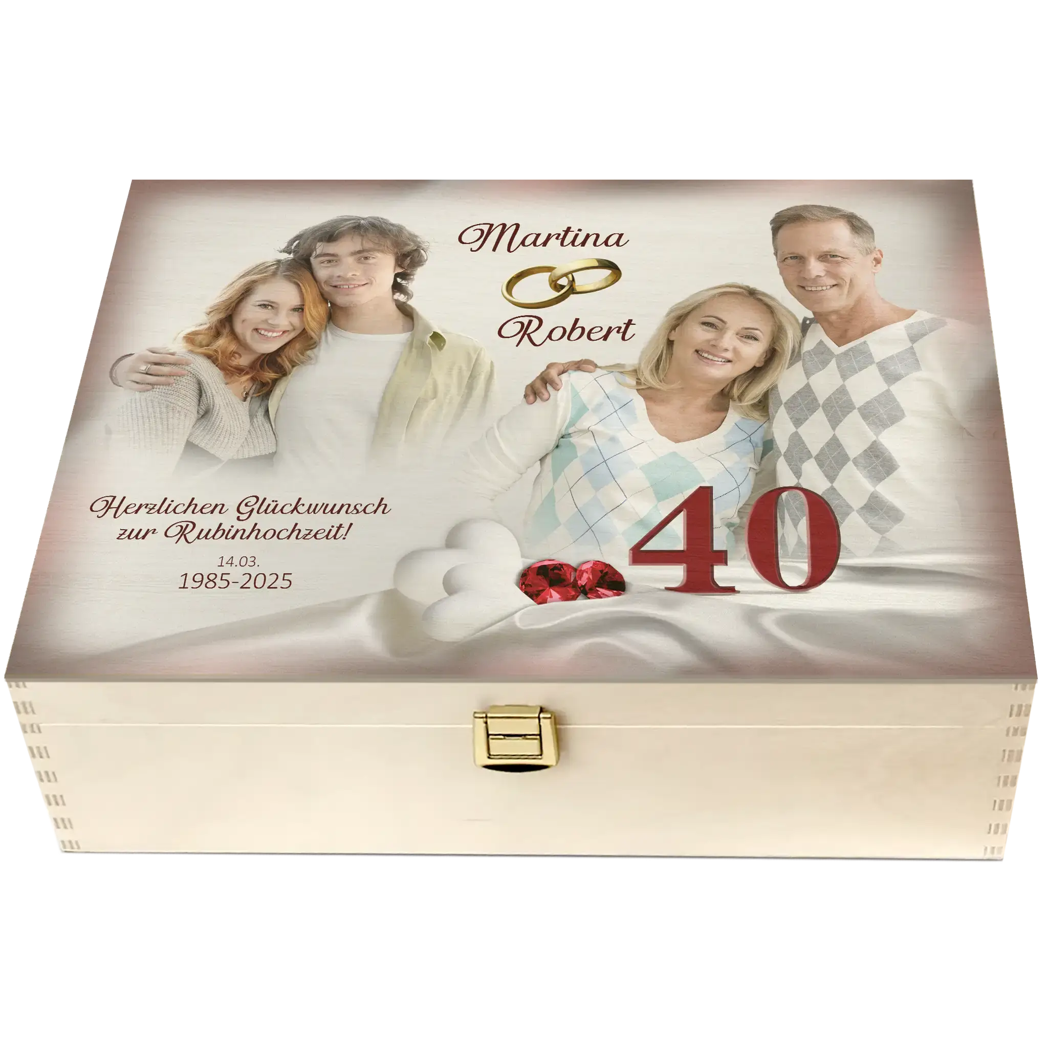 Rubinhochzeit-Geschenkbox mit Foto des Jubelpaares und floralen Elementen in kräftigen Farben