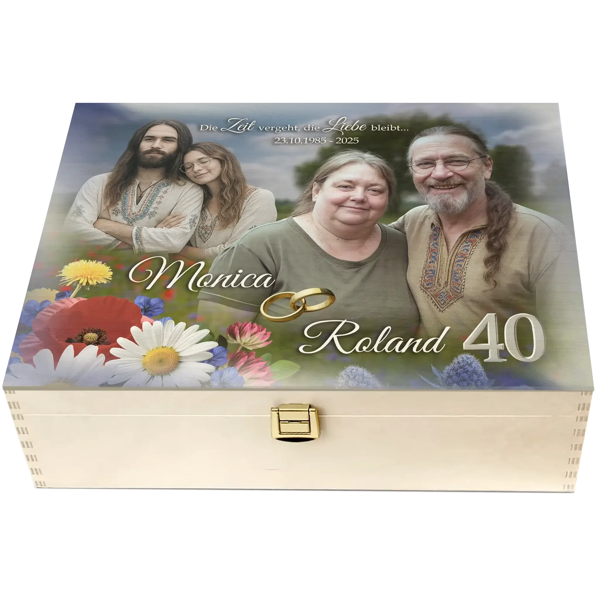 Personalisierte Holzbox mit Blumen, vier Personen, goldenen Ringen und Jubiläumszahl 40