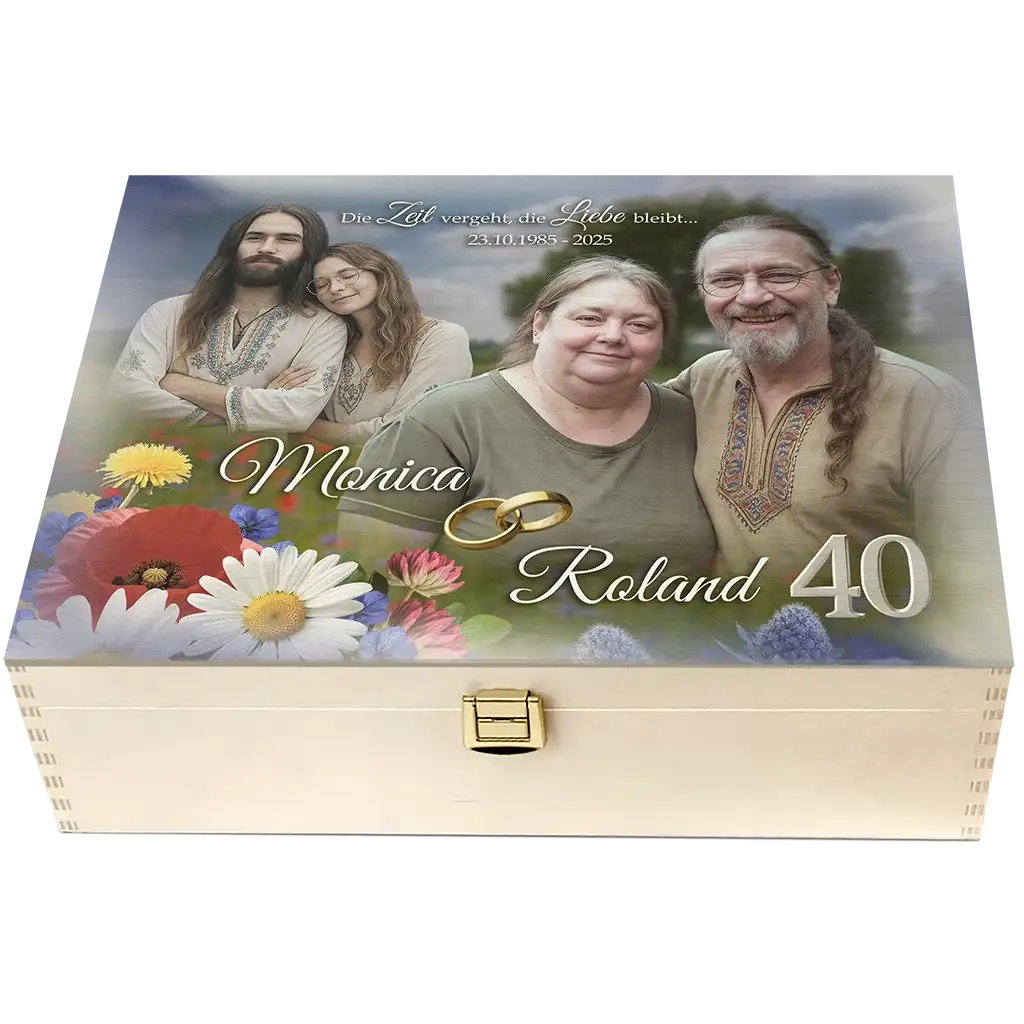 Personalisierte Holzbox mit Blumen, vier Personen, goldenen Ringen und Jubiläumszahl 40