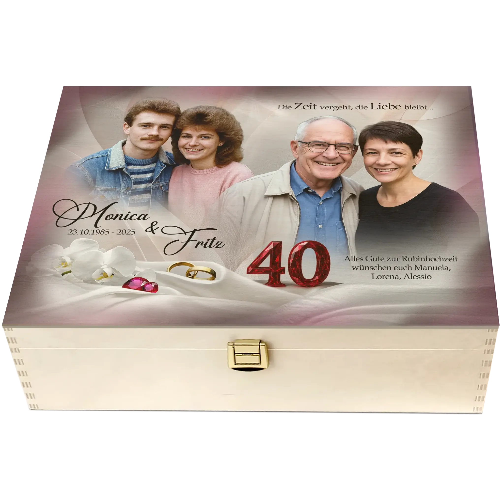 Holzbox zum Hochzeitstag mit nostalgischem Foto des Paares und Rubindetails als liebevolle Erinnerung