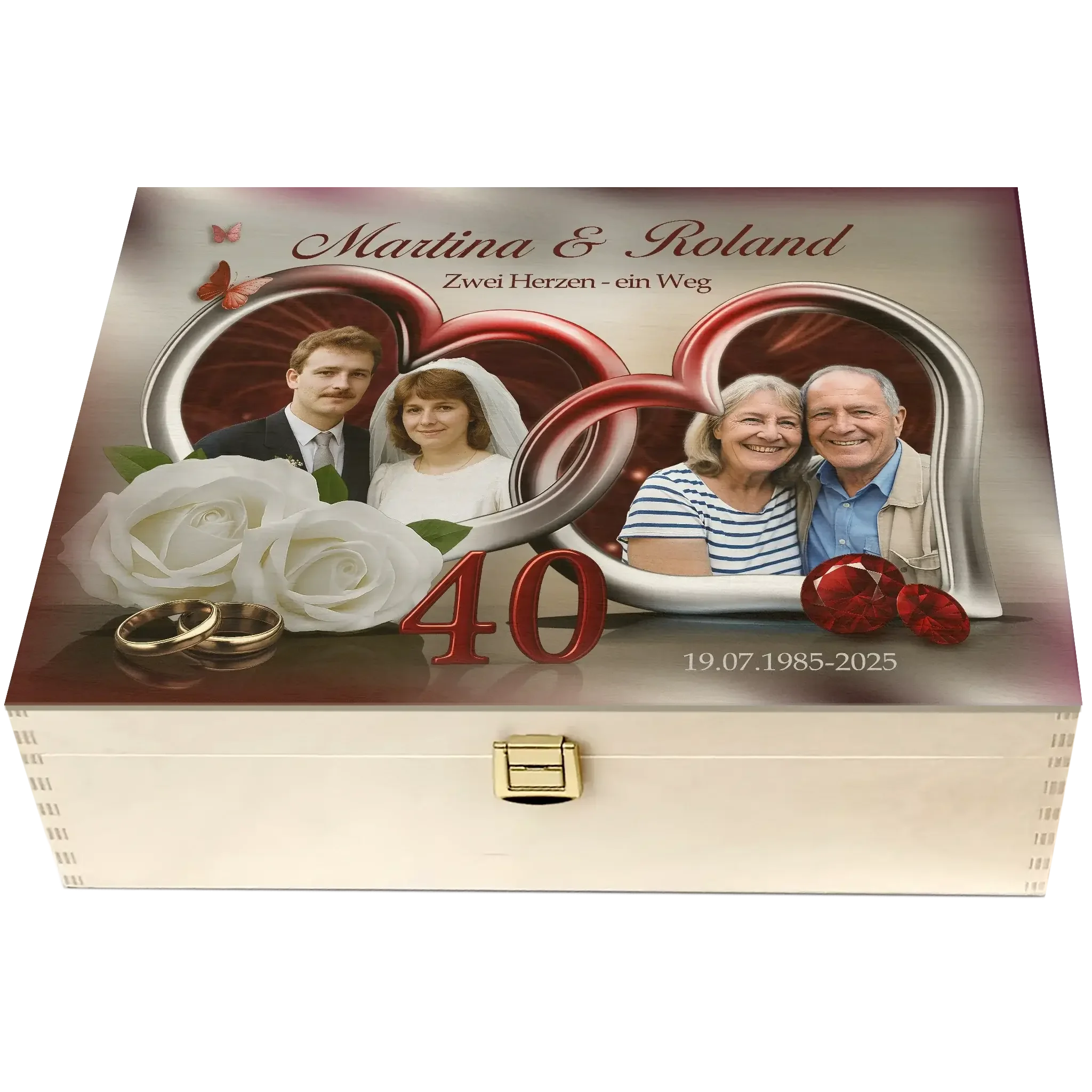 Personalisierte Holzbox zum 40. Hochzeitstag mit Fotos, weißen Rosen, Ringen und Herzen