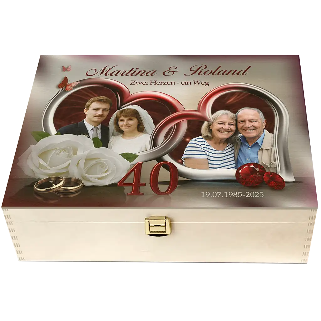 Personalisierte Holzbox zum 40. Hochzeitstag mit Fotos, weißen Rosen, Ringen und Herzen