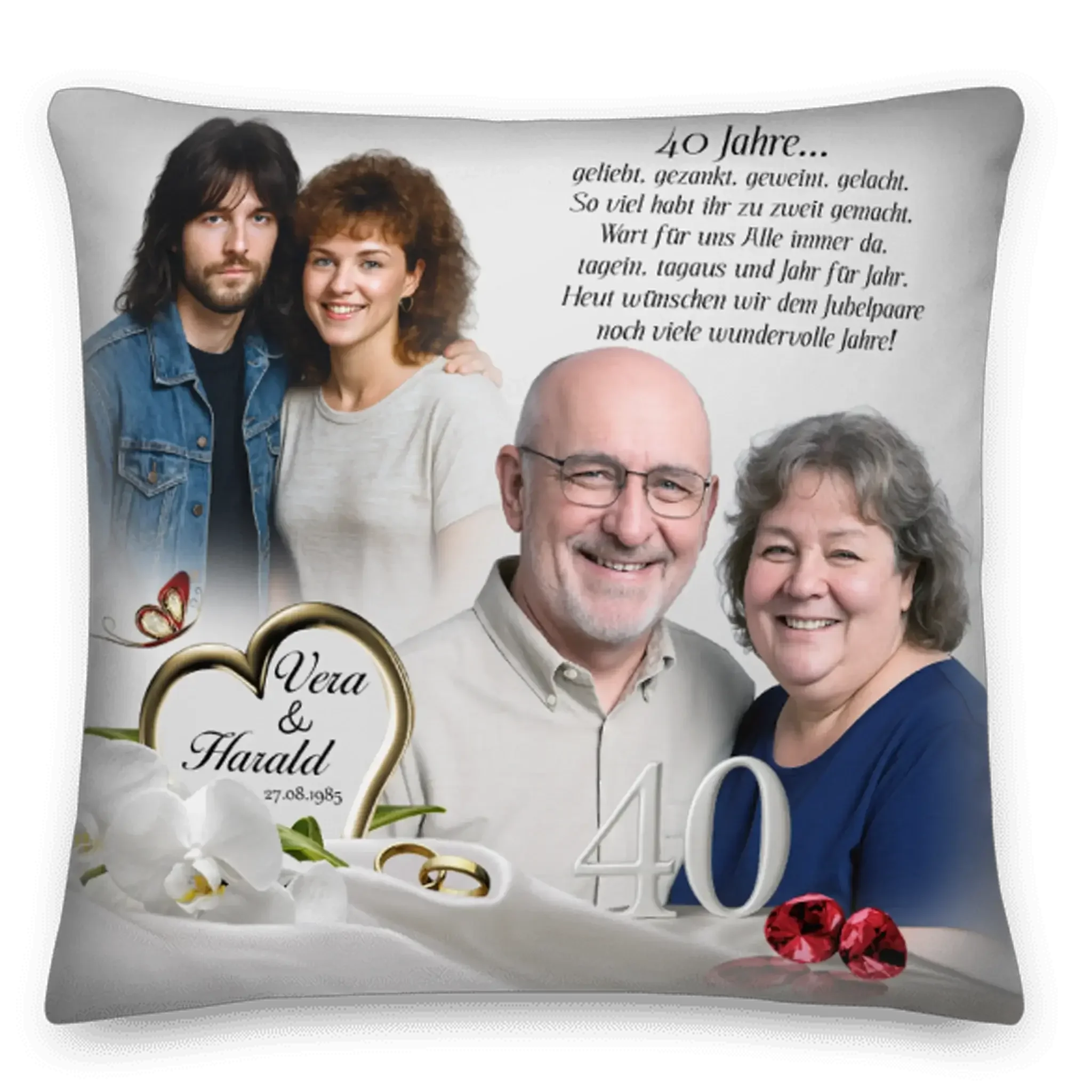 Personalisierte Jubiläumskissen zur Rubinhochzeit mit Paarfotos, Herz, Ringen und 40 Jahren Schriftzug
