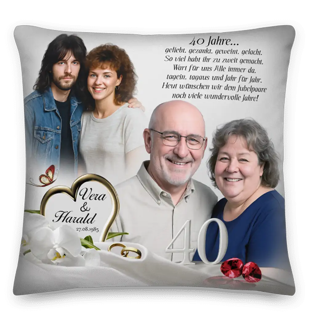Personalisierte Jubiläumskissen zur Rubinhochzeit mit Paarfotos, Herz, Ringen und 40 Jahren Schriftzug