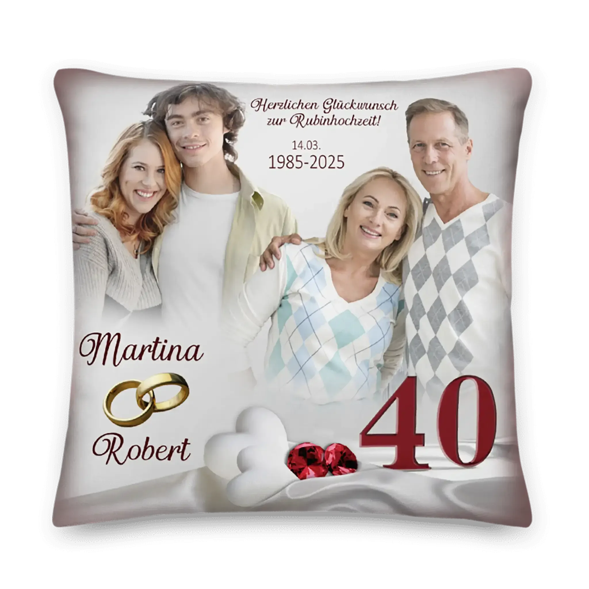 Personalisiertes Kissen zur Rubinhochzeit mit Familienfoto, Namen, Datum und Zahl 40
