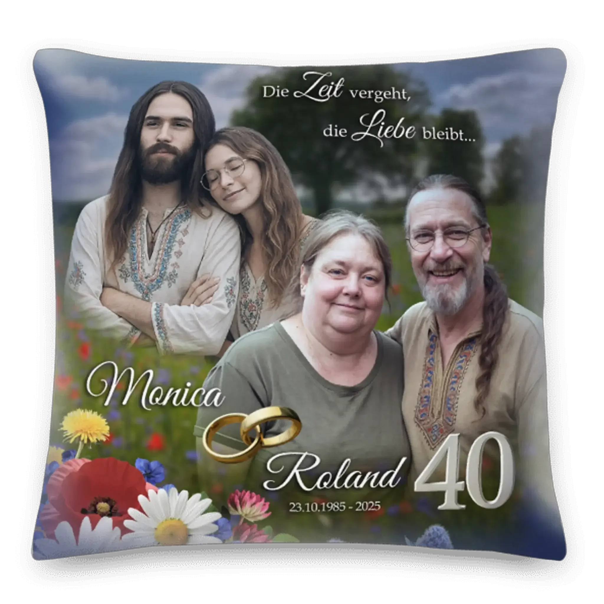 Personalisiertes Kissen zur 40. Hochzeit mit vier Personen, Blumenwiese und goldenen Ringen.