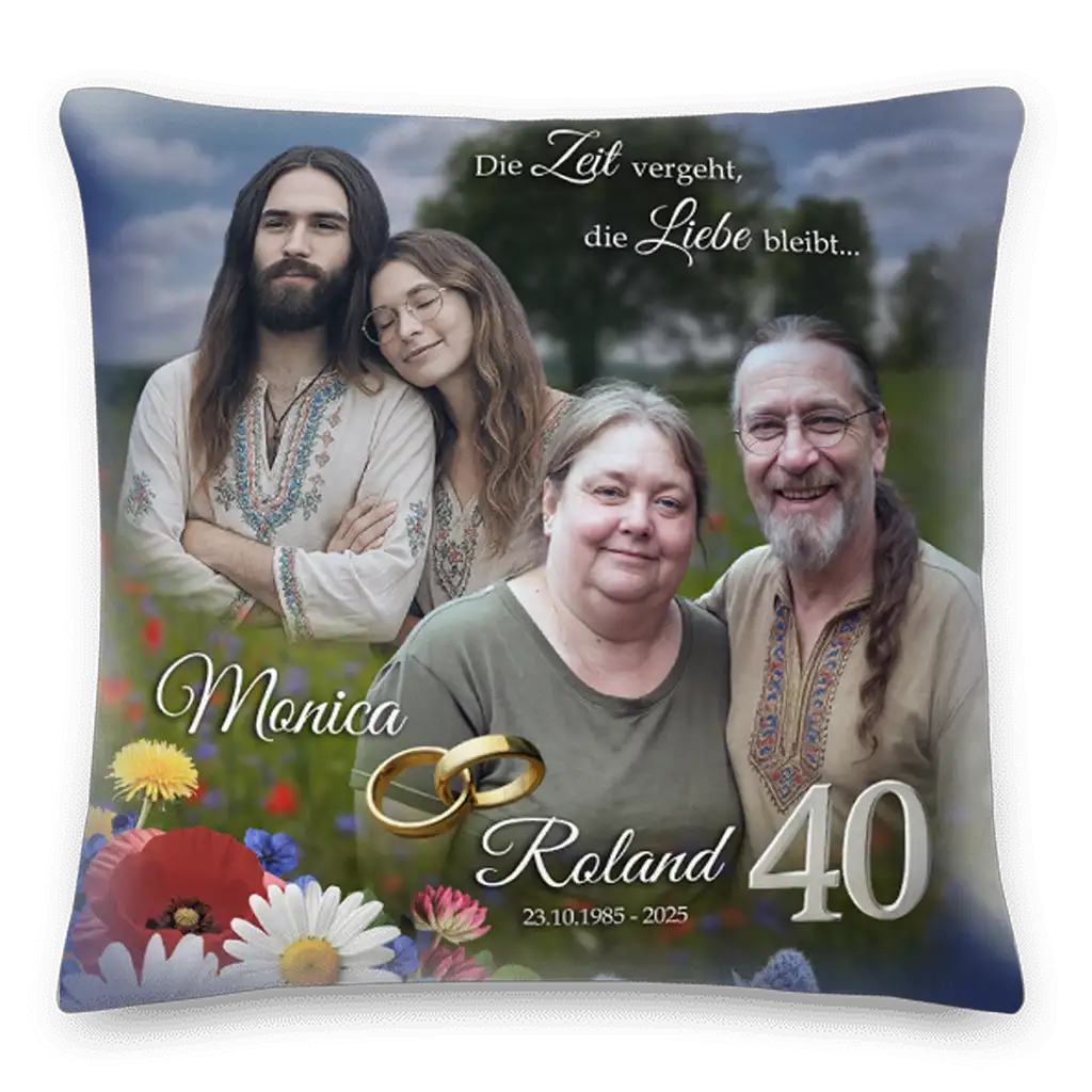 Personalisiertes Kissen zur 40. Hochzeit mit vier Personen, Blumenwiese und goldenen Ringen.