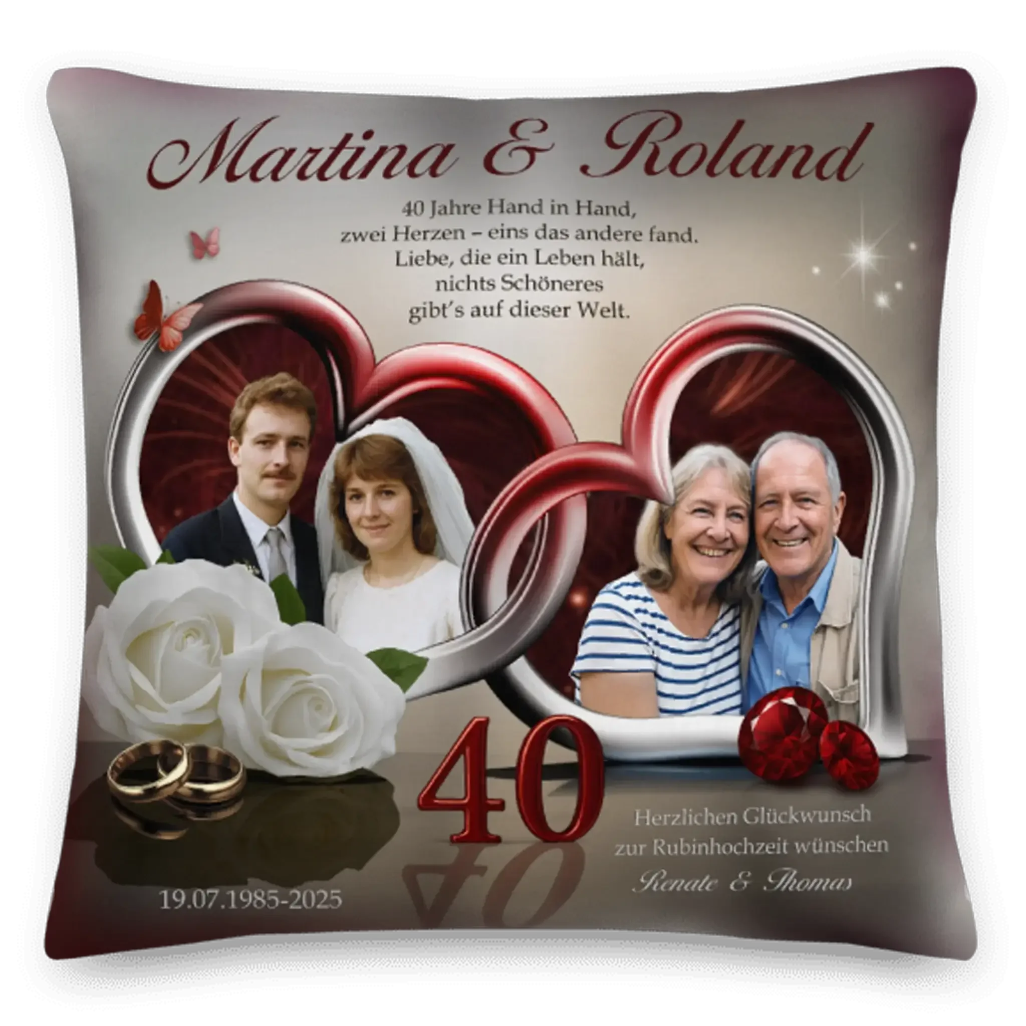 Kissen zur Rubin Hochzeitsjubiläum mit Fotos eines Paares, Rosen, Ringe und Herzen Motiv.