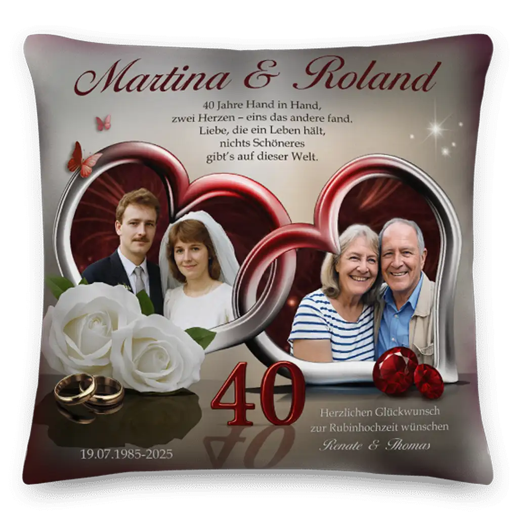 Kissen zur Rubin Hochzeitsjubiläum mit Fotos eines Paares, Rosen, Ringe und Herzen Motiv.