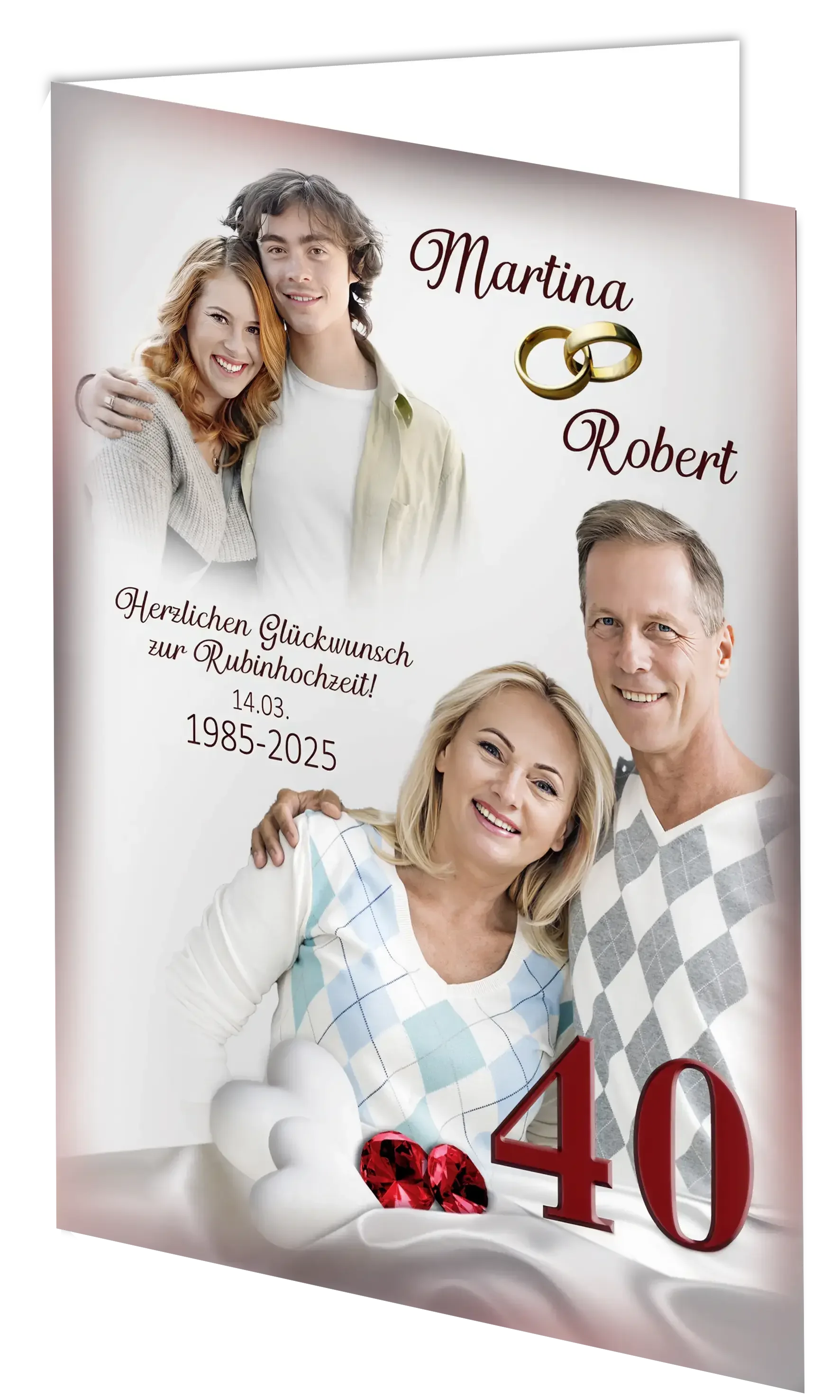Rubinhochzeit Klappkarte mit Ehepaar, jungem Paar, roten Herzen und Zahl 40, Jubiläumskarte