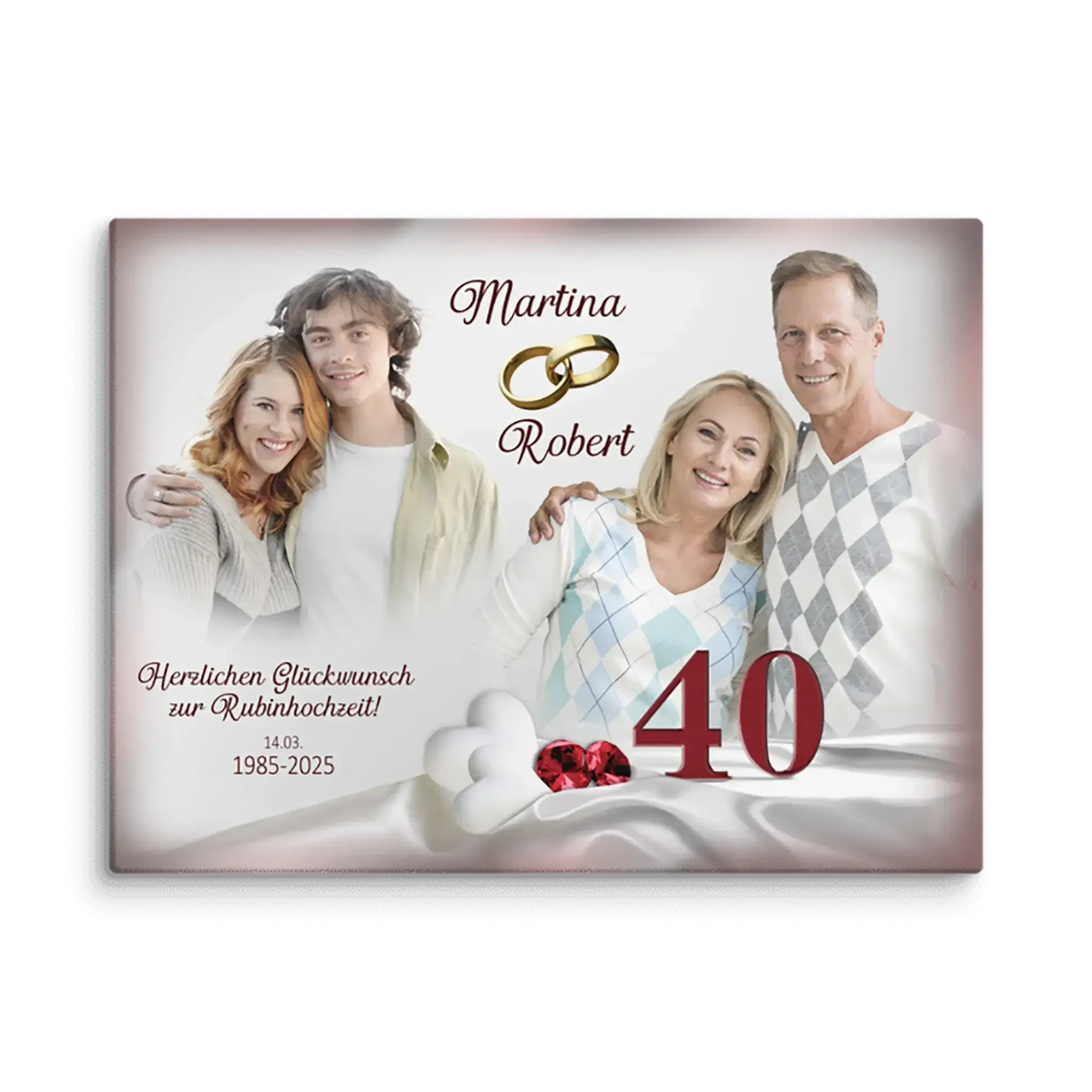 Familienfoto auf Leinwand zur Rubinhochzeit, Jubiläum 40 Jahre, mit roten Edelsteinen, Namen und Glückwunschtext