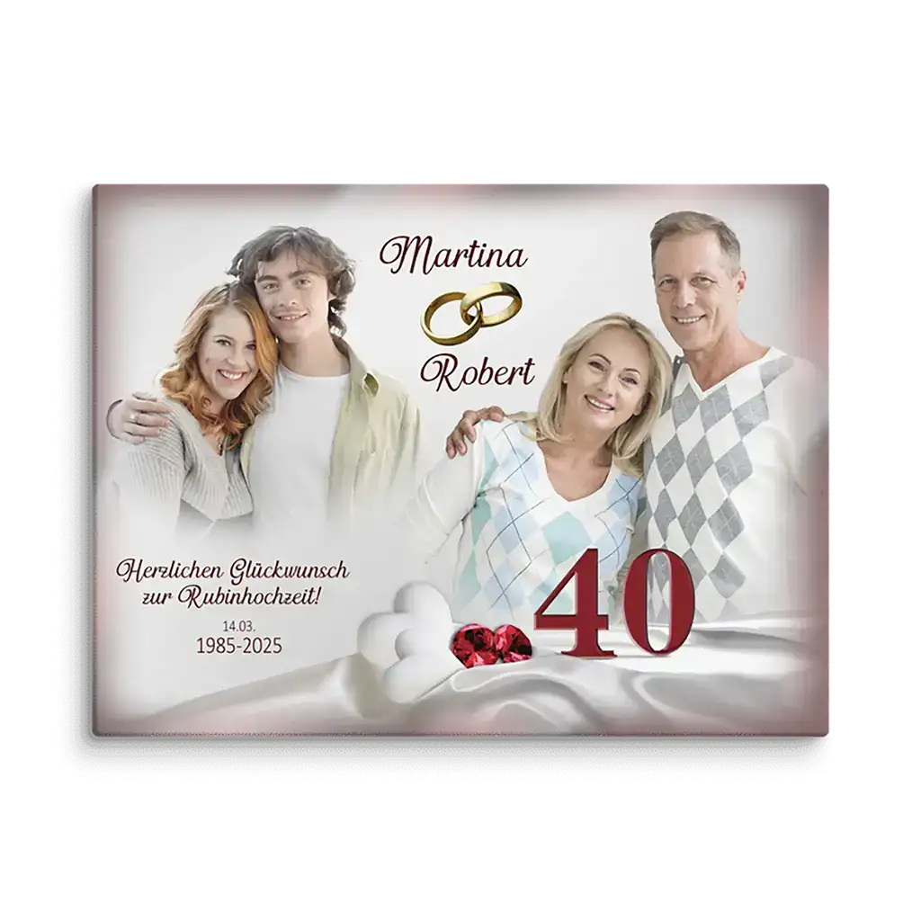 Familienfoto auf Leinwand zur Rubinhochzeit, Jubiläum 40 Jahre, mit roten Edelsteinen, Namen und Glückwunschtext